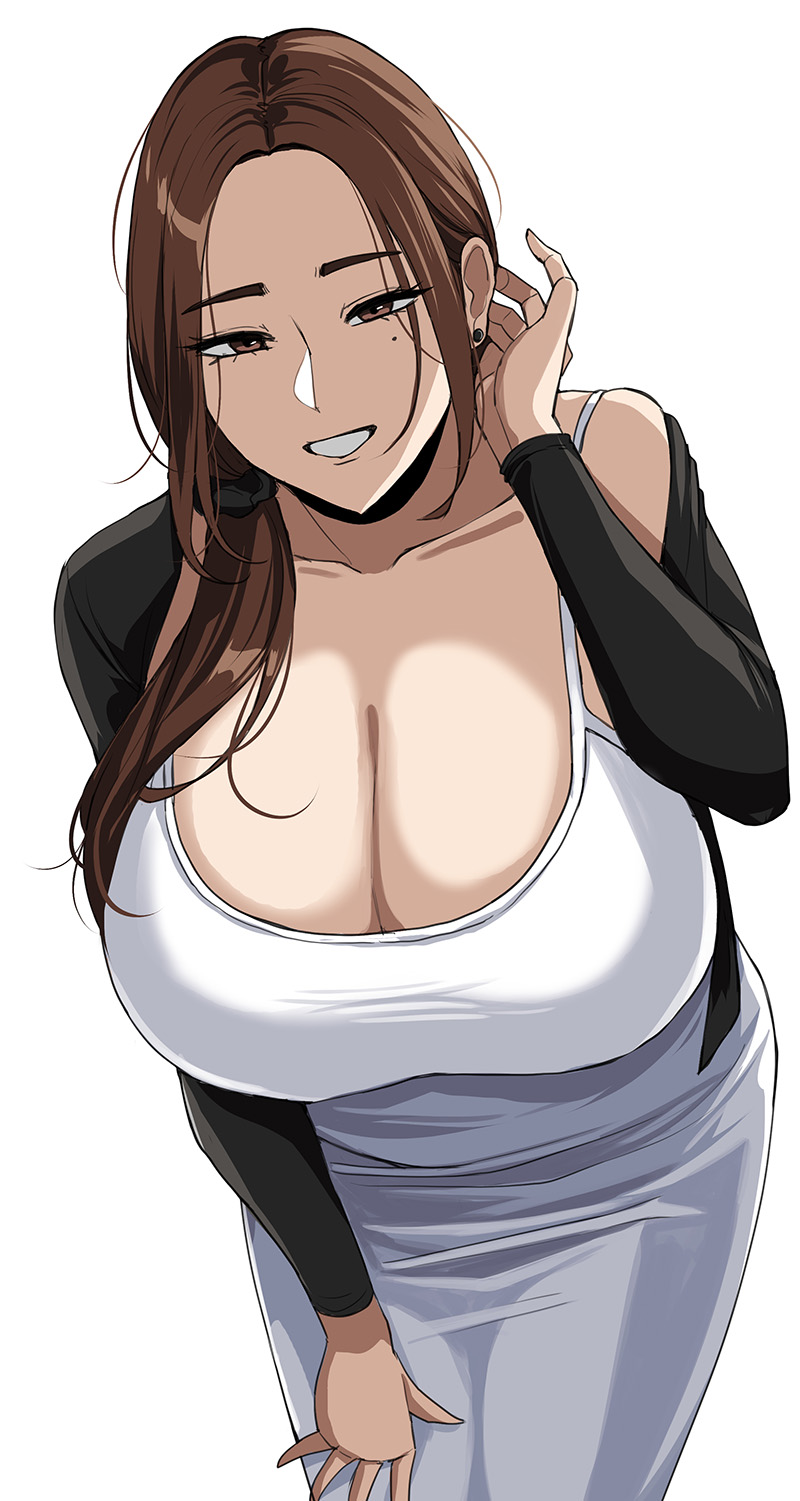 1girls, breasts, brown eyes, brown hair, dress, drogod (artist), female, higher resolution available, huge breasts, light skin, light-skinned female, long hair, mature female, milf, original, original character, thick thighs, white dress, wide hips