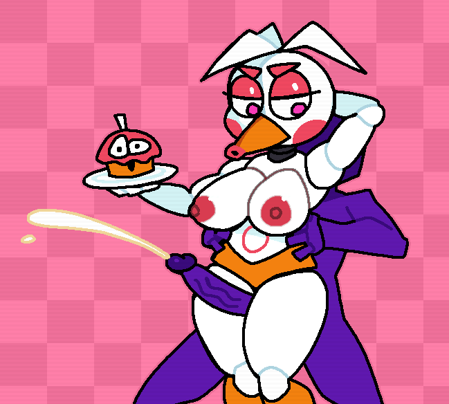 animatronic areolae beak crushtrap cum cupcake five_nights_at_freddy's funtime_chica_(fnaf) futa_only futanari grabbing_legs hands-free_ejaculation hands_behind_head orange_panties pink_eyes pink_nipples purple_guy_(fnaf) recolor thigh_job thigh_sex white_body