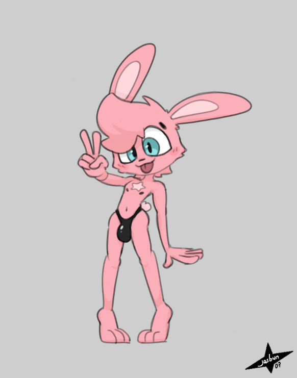 anthro blue_eyes blush bulge clothing digital_media_(artwork) fur hair jasbun jasbun07 lagomorph leporid looking_at_viewer male mammal nipples pink_body pink_fur pink_hair rabbit scut_tail short_tail simple_background smile solo tail tongue tongue_out underwear