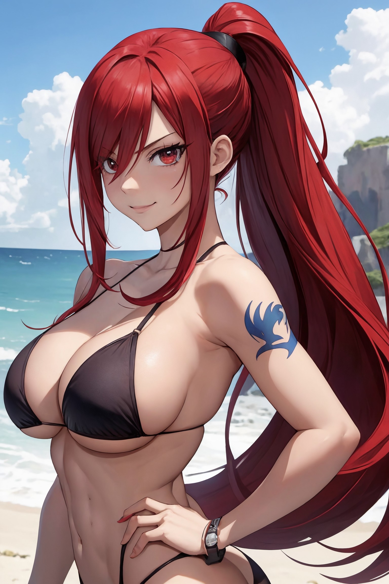 1girls, ai generated, arm tattoo, beach, big breasts, bikini, blue tattoo, breasts, erza scarlet, fairy tail, fairy tail mark, female, female only, red hair, red-haired female, solo, tattoo