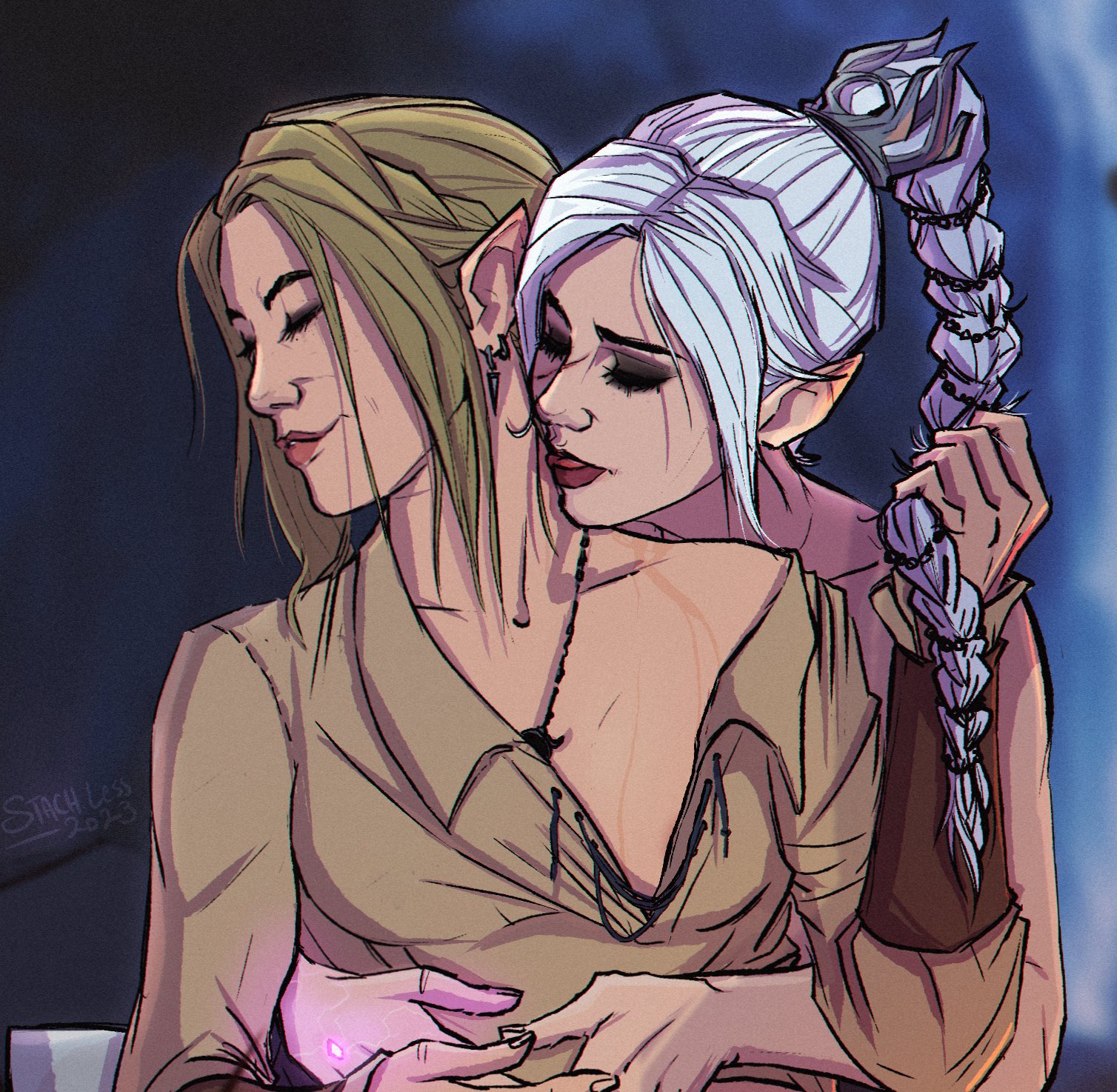 2girls, baldur's gate, baldur's gate 3, blonde hair, braid, closed eyes, clothed, dungeons and dragons, earrings, elf, elf ears, elf female, embrace, enjoying, fantasy, female, female protagonist, forgotten realms, grabbing from behind, grabbing hair, half-elf, hand on hand, hug, licking, licking neck, looking pleasured, neck lick, necklace, partially undressed, pleasure face, pointy ears, shadowheart, smile, stach less, tav (baldur's gate), tav (baldur's gate) (female), undressing, white hair, yuri
