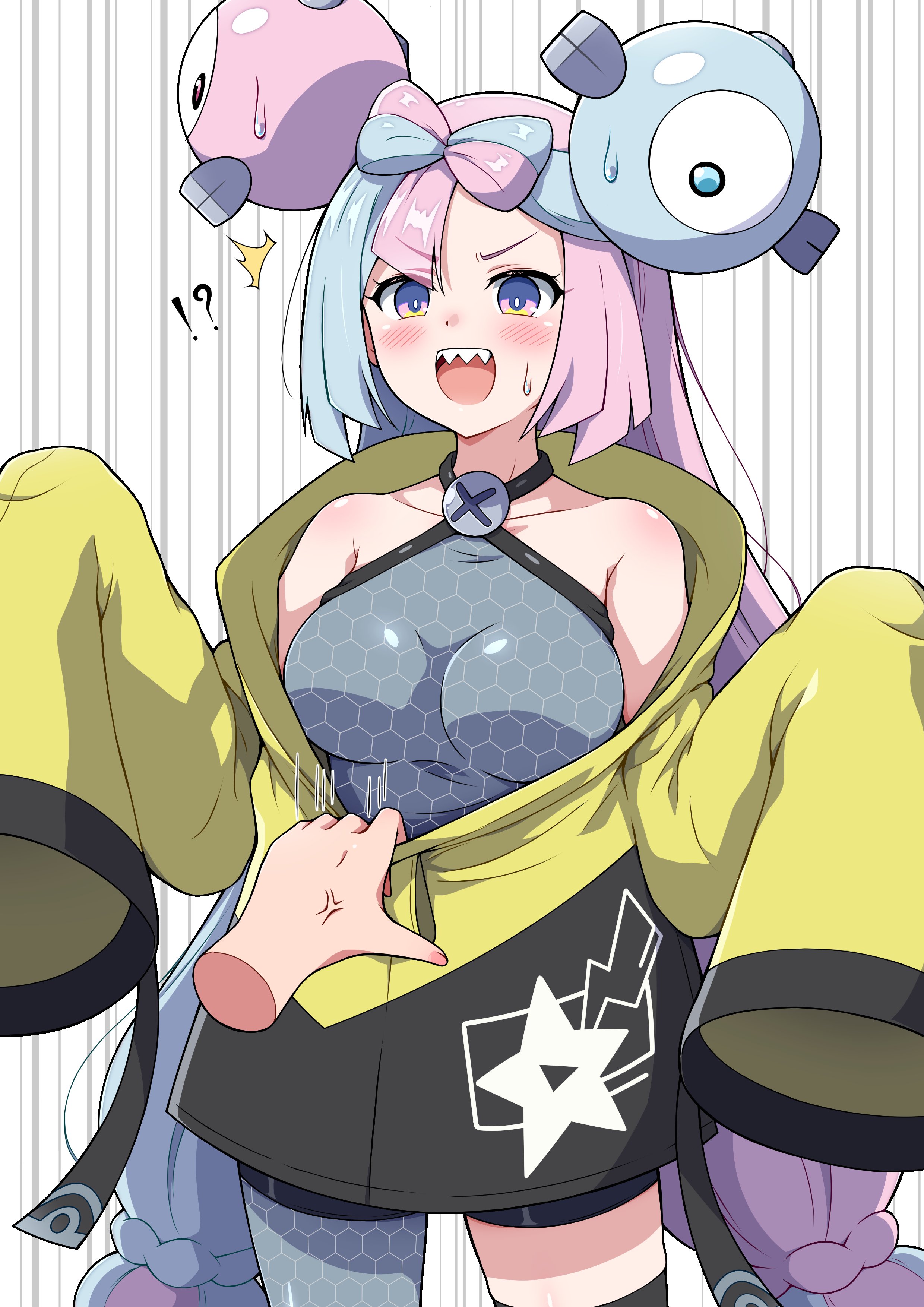 !?, ^^^, 1boy, 1girls, absurdres, anger vein, aqua hair, bike shorts, blush, bow-shaped hair, breasts, character hair ornament, collarbone, commentary request, disembodied limb, eggman (ni tamagoex), eyelashes, female, grey shirt, hair ornament, highres, iono (pokemon), jacket, jacket pull, long hair, male, open mouth, pink hair, pokemon, pokemon (game), pokemon sv, pulled by another, purple eyes, shirt, single leg pantyhose, sleeveless, sleeveless shirt, surprised, sweat, teeth, twintails, upper teeth, yellow jacket