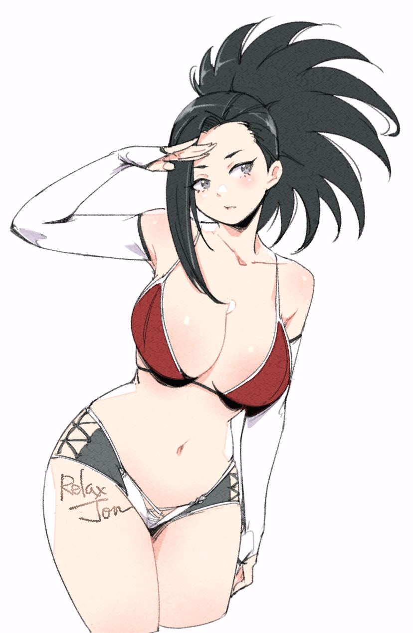 1girls, armwear, bikini, black eyes, black hair, black-haired female, breasts, female, female only, large breasts, momo yaoyorozu, my hero academia, ponytail, relaxjon, sleeves, solo female, solo focus, yaoyorozu momo