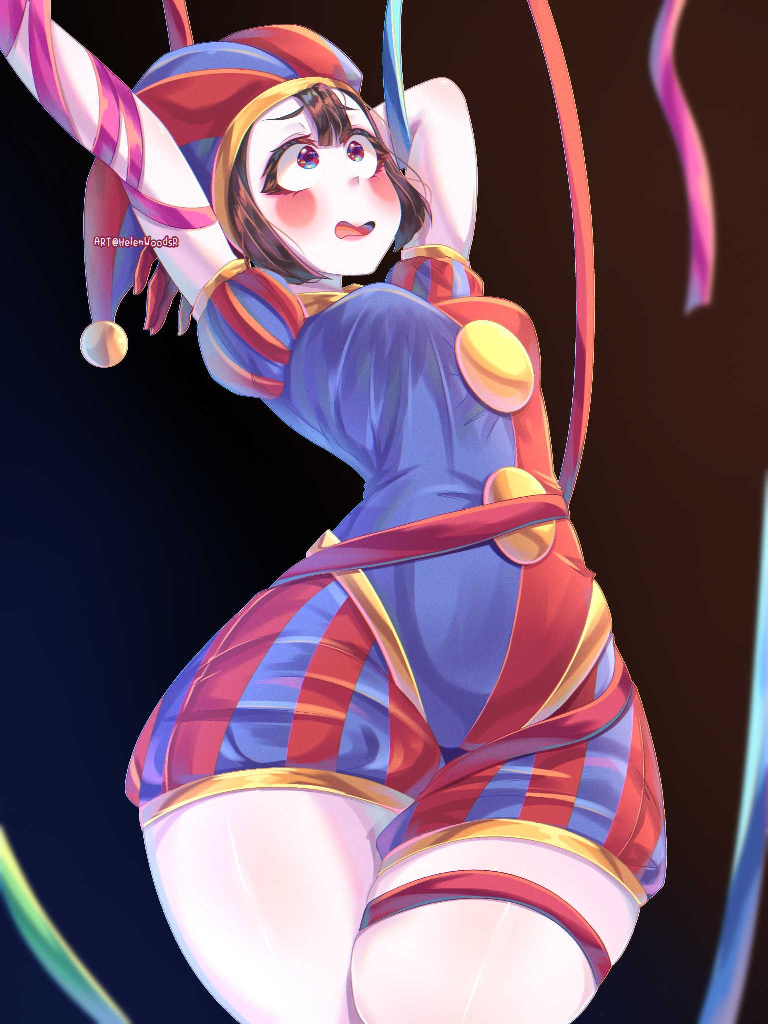 2023, 2d, 2d (artwork), 2d artwork, artist request, big thighs, breasts, brown hair, female, glitch productions, gloves, gooseworx, huge thighs, jester, jester cap, jester costume, jester girl, jester hat, jester outfit, looking up, medium breasts, pomni (the amazing digital circus), ribbon, ribbons, short hair, the amazing digital circus, thick thighs, white body