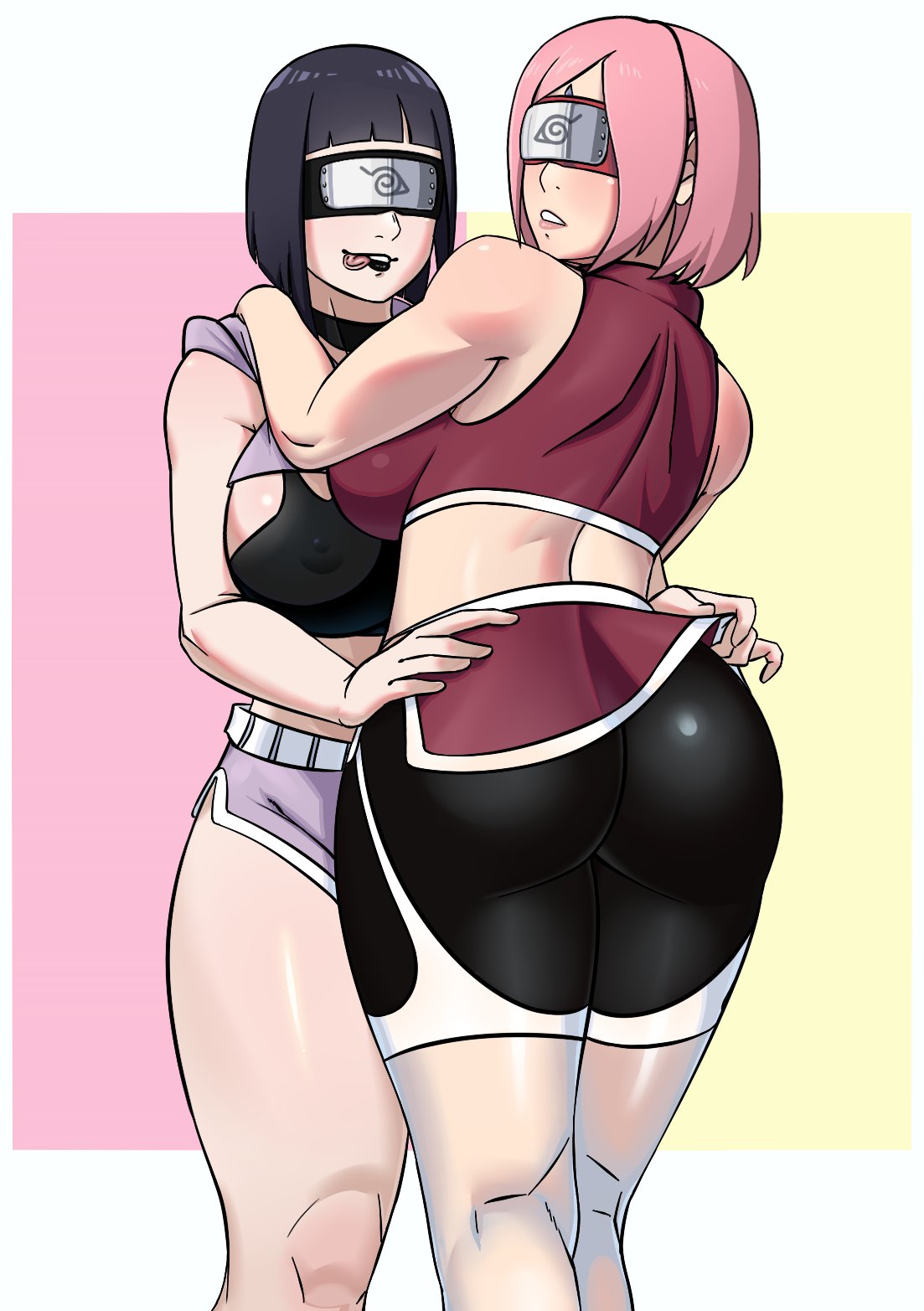 2girls, ass, ass focus, big ass, big breasts, bike shorts, black lipstick, booty shorts, boruto: naruto next generations, bra, breasts, covered eyes, donchibi, eyes covered, female, female only, hands on shoulders, haruno sakura, headband, horny, hyuuga hinata, licking lips, lifting skirt, lipstick, mature female, milf, naruto, naruto (series), pink hair, sakura haruno, short hair, short shorts, shorts, skimpy, skimpy clothes, uchiha sakura, uzumaki hinata, violet hair, yuri