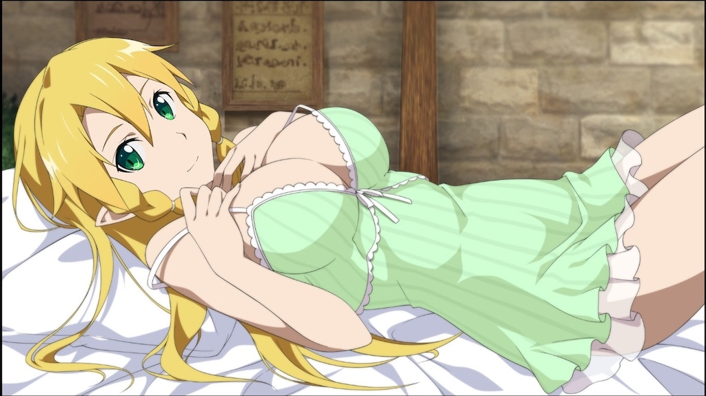 1boy 1girls big_breasts breasts busty busty_female female female_focus green_clothes green_clothing hand_on_breast huge_boobs huge_breasts kirigaya_suguha laying_on_bed leafa long_hair looking_at_partner looking_at_viewer looking_pleasured male sword_art_online