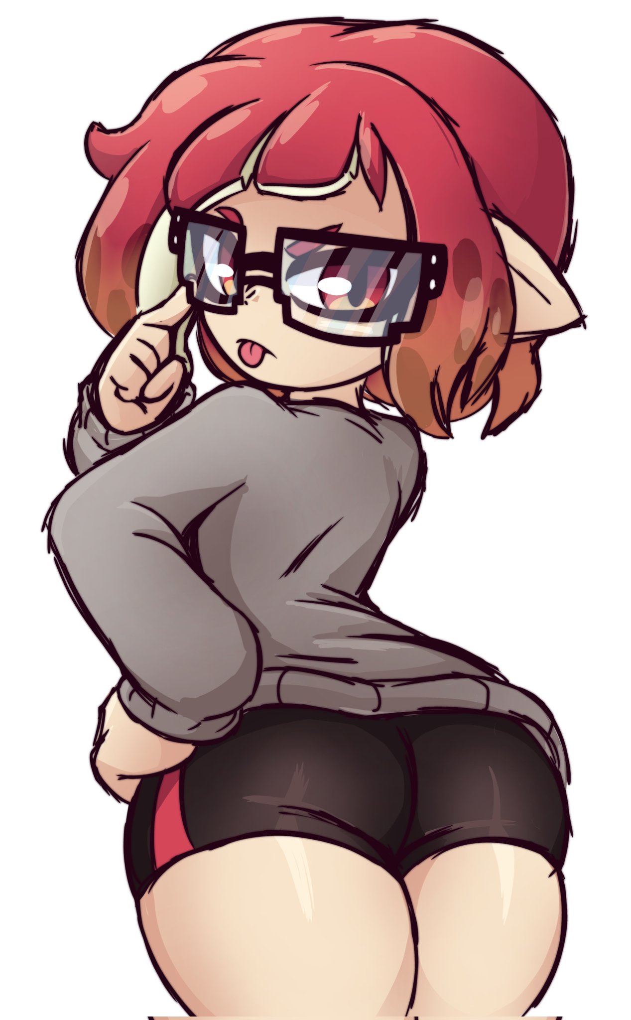 8-bit_(splatoon) angry angry_face big_ass big_butt glasses grey_sweater inkling inkling_girl looking_at_viewer pissed_off red_eyebrows red_eyes red_hair splatoon splatoon_3 thick_thighs thighs tongue_out tropzaruno zaruno