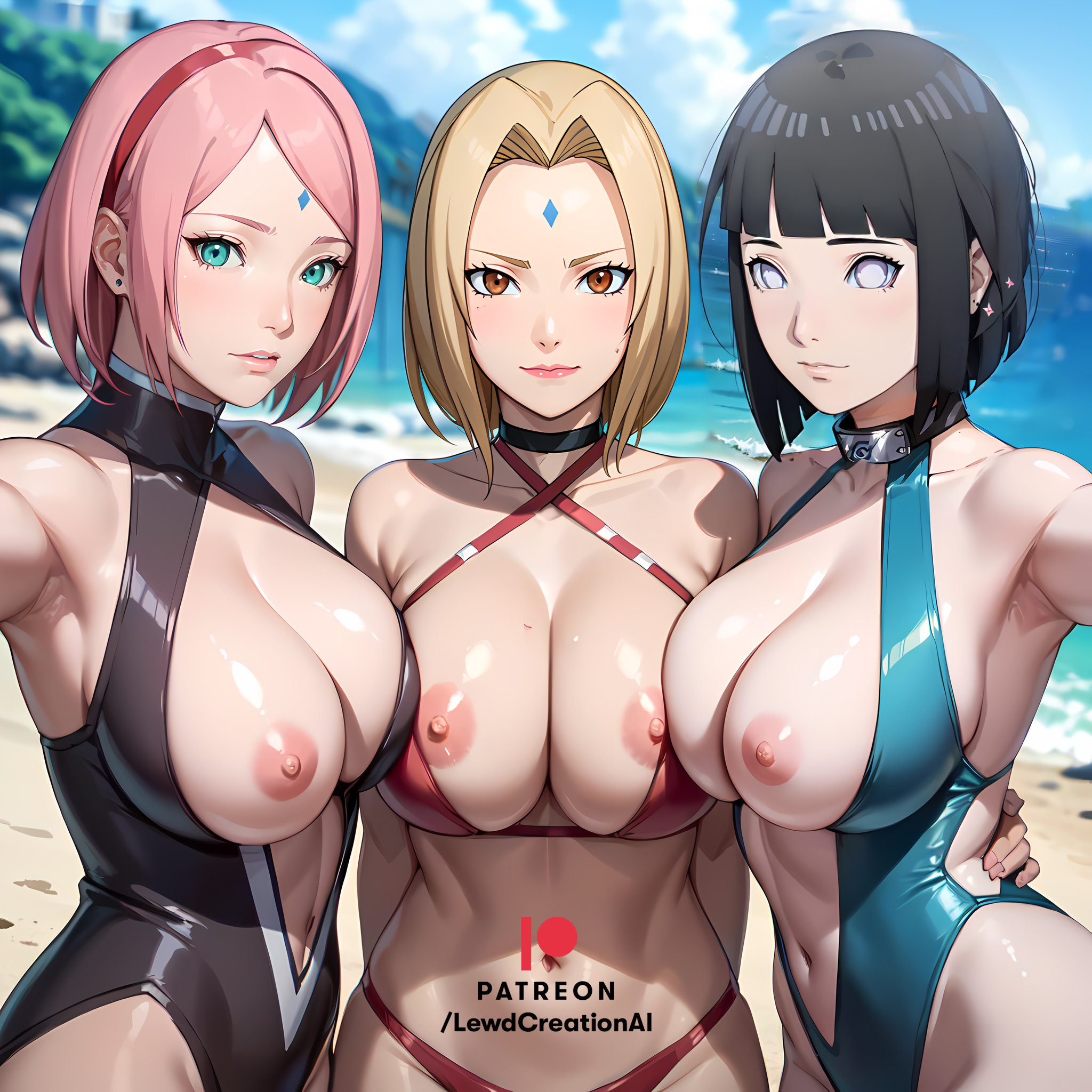 3girls, ai generated, armpit, armpit fetish, armpits, beach, big breasts, bikini, bikini bottom, bikini top, black hair, blonde female, blonde hair, blonde-haired female, blush, blush lines, boruto: naruto next generations, breast squeeze, breasts, choker, cleavage, earrings, female, female only, fetish, forehead, forehead gem, forehead jewel, forehead mark, green eyes, grey eyes, haruno sakura, huge breasts, hyuuga hinata, lewdcreationsai, looking at viewer, mature, mature female, multiple females, multiple girls, naruto, naruto (series), naruto shippuden, naruto: the last, navel, nipple bulge, nipple slip, nipples, nipslip, one-piece swimsuit, outdoors, pink hair, sakura haruno, selfie, smile, smiling, smiling at viewer, smirk, smirking, smirking at viewer, squeezing, squeezing breast, tsunade, uchiha sakura, uzumaki hinata, white eyes
