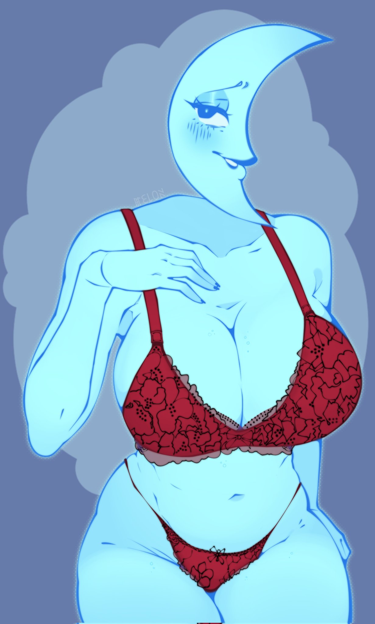 big breasts, big thighs, blue body, blue eyes, blush, bra, breasts, female, female only, giantess, huge breasts, huge thighs, lingerie only, looking at viewer, moon, moon (the amazing digital circus), panties, shecallmymelon, the amazing digital circus, thick thighs