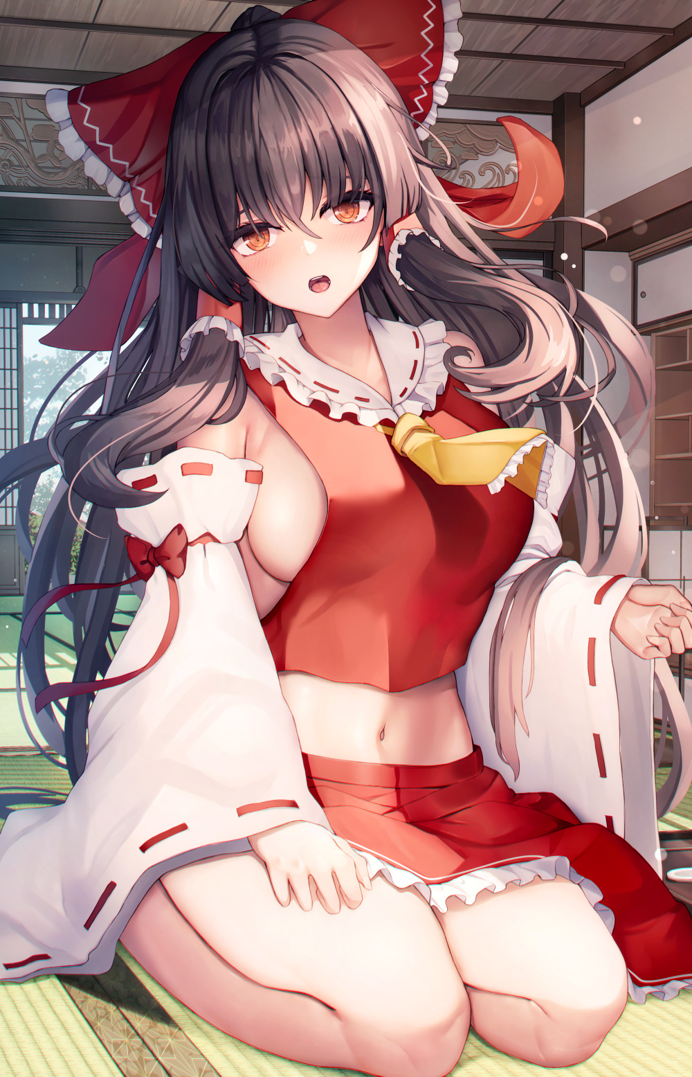 ascot bare_shoulders black_hair blush bow breasts detached_sleeves east_asian_architecture floating_hair frilled_bow frilled_hair_tubes frills hair_between_eyes hair_ornament hair_tubes hairbow hakurei_reimu head_tilt indoors kneeling lap_pillow_invitation large_breasts liya long_hair long_sleeves looking_at_viewer midriff navel no_bra nontraditional_miko open_mouth orange_eyes red_bow red_skirt reimu_hakurei sideboob sitting skirt solo thighs touhou very_long_hair wariza white_sleeves wide_sleeves yellow_ascot