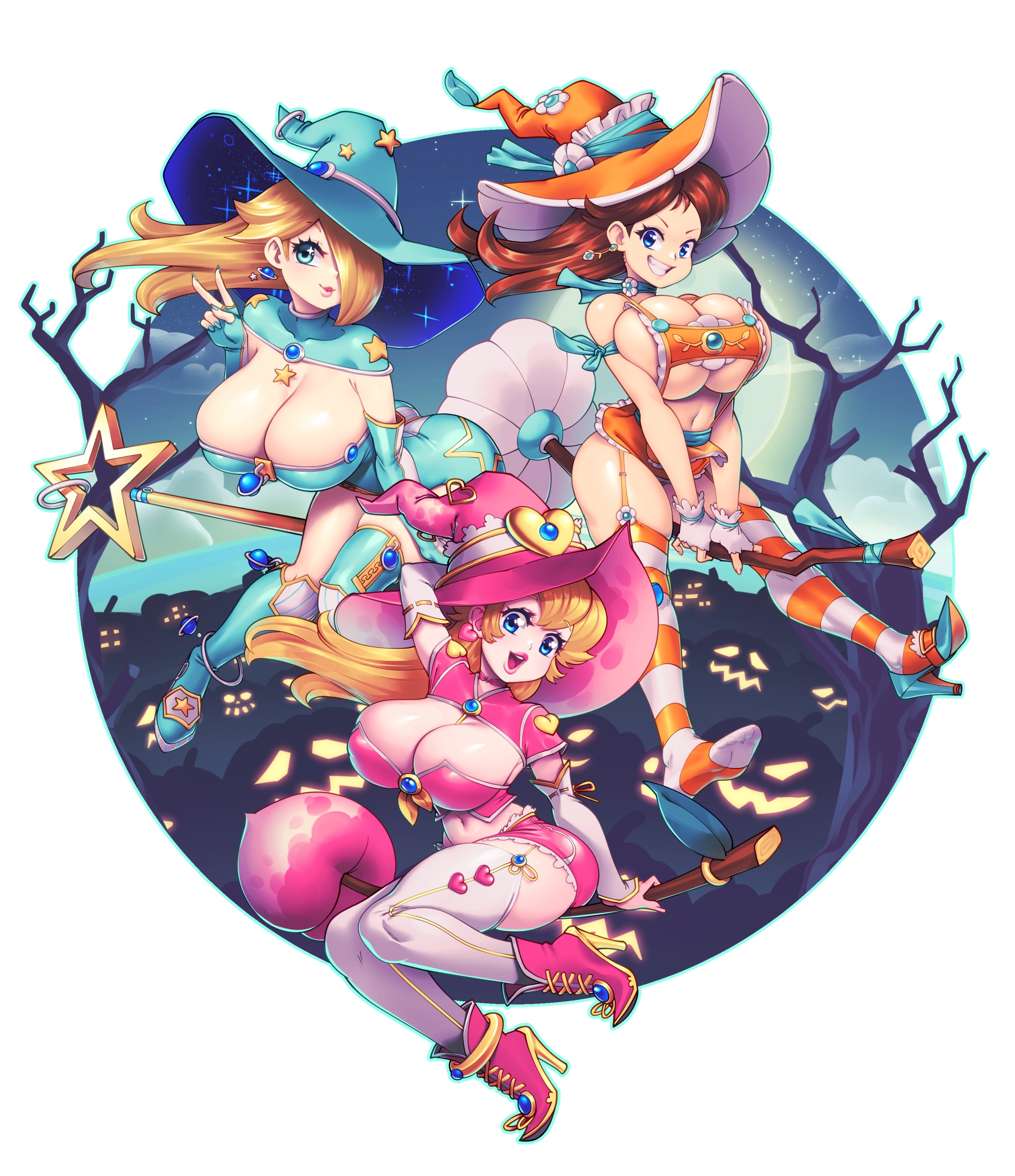 3girls, alternate breast size, ass, barely clothed, big ass, big breasts, blonde hair, blue eyes, boob window, breasts, clothed, female, female only, huge breasts, mario (series), multiple females, multiple girls, nintendo, nipples visible through clothing, no bra, princess daisy, princess peach, princess rosalina, sideass, sideboob, solo, super mario galaxy, supersatanson, underass, underboob, witch, witch hat
