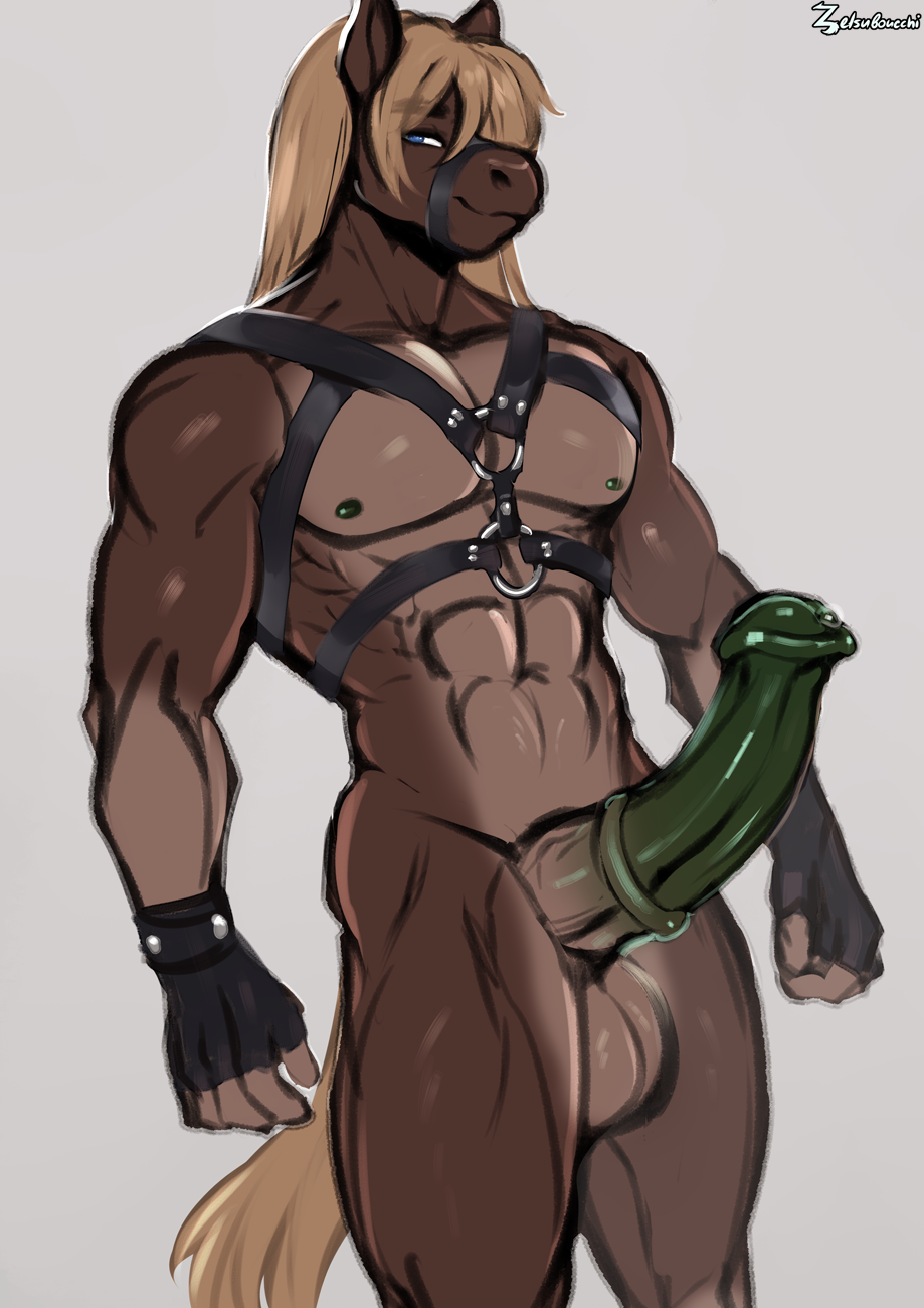 abs animal_genitalia animal_penis anthro big_penis blonde_hair bodily_fluids brown_body brown_fur clothing equid equine equine_genitalia equine_penis erection fingerless_gloves front_view fur genital_fluids genitals gloves green_penis hair handwear harness hi_res horse male mammal muscular muscular_anthro muscular_male nude pecs penis precum solo zetsuboucchi