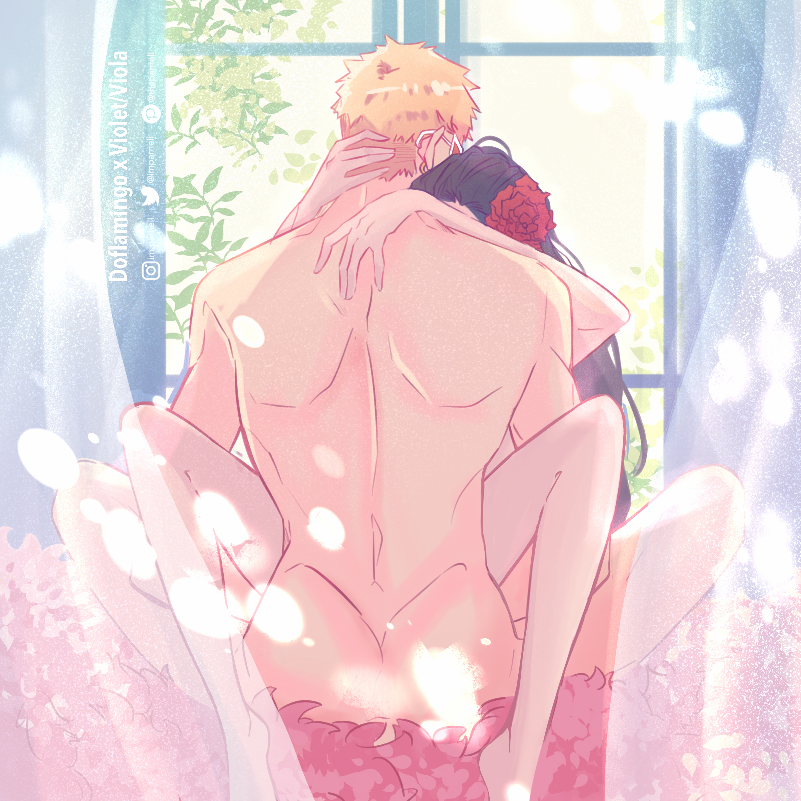 1boy, 1girls, ass, blonde hair, blonde-haired male, brown hair, brown-haired female, donquixote doflamingo, earrings, female, hair flower, imparnell, long hair, male, male/female, naked, nude, nude female, nude male, one piece, red rose, sex, short hair, straight, sunglasses, theparnell, viola (one piece)