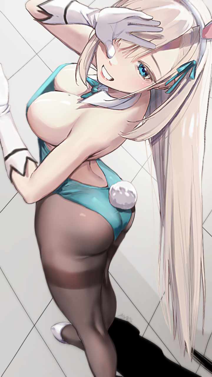 agnes_the_tiger ass asuna_(blue_archive) asuna_(bunny)_(blue_archive) beige_hair big_breasts blue_archive blue_eyes boobs_and_butt_pose bunnysuit halo hand_on_head maid_headdress millennium_science_school_student mole_on_breast smile viewed_from_above