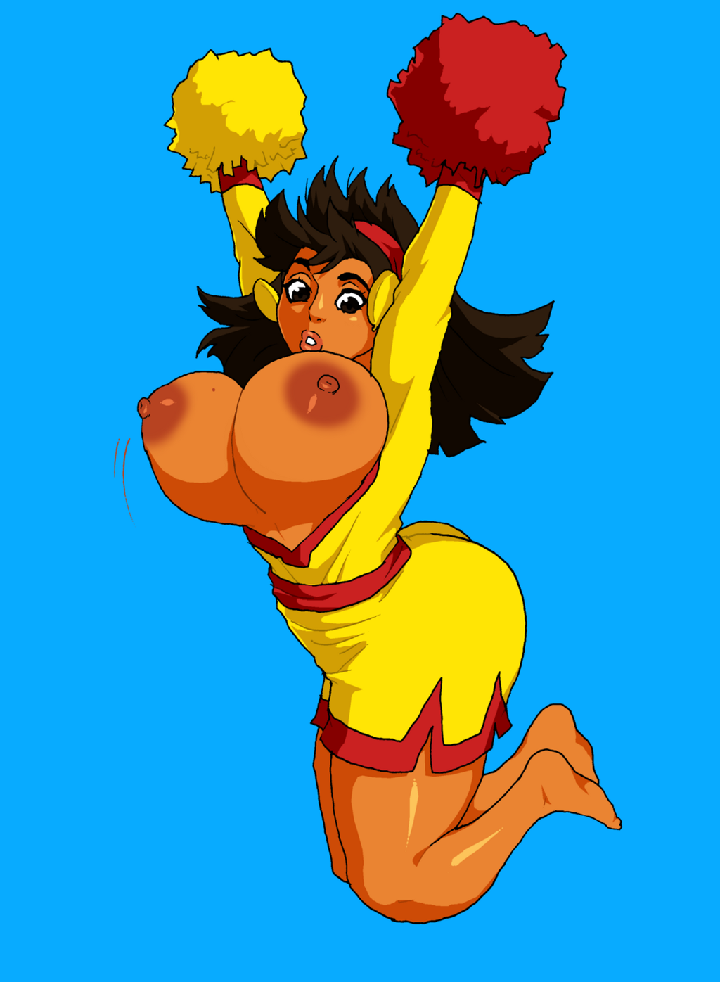 1girls :0 barefoot big_ass big_breasts big_butt black_hair cheering cheerleader cheerleader_outfit cheerleader_uniform dark-skinned_female dark_skin disney earrings female female_focus female_only huge_breasts jay-marvel jumping large_ass large_breasts large_butt latina long_hair malina nipples old_art peruvian_female pom_poms simple_background solo solo_female solo_focus the_emperor's_new_groove the_emperor's_new_school wardrobe_malfunction