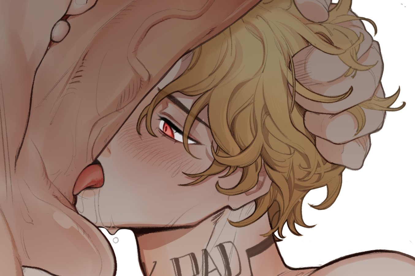 2boys, balls, blonde hair, blush, close-up, erect penis, eyebrows visible through hair, grabbing hair, head grab, kaito (trangtora), large penis, licking penis, male, male only, messy hair, original, original character, penis, red eyes, saliva, tattoo, tongue, tongue out, trangtora, veiny penis, white background, wip, yaoi