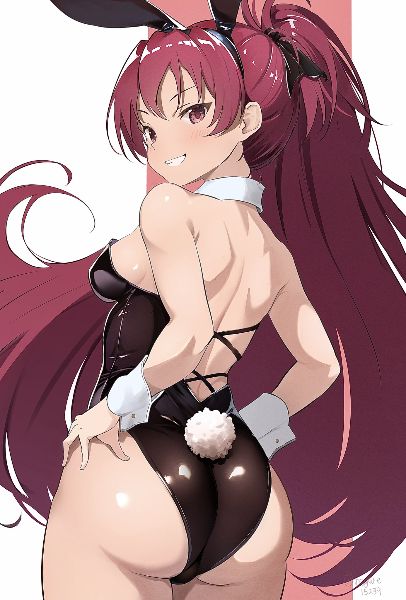 1girls, ass, ass focus, bad anatomy, behind view, big ass, black bow, blush, breasts, bunny ears, bunny girl, bunny tail, bunnysuit, female, female only, grin, grinning at viewer, hair ornament, hands on hips, hi res, highres, huge ass, long hair, looking at viewer, looking back, mahou shoujo madoka magica, nagare (flow), plump, plump ass, ponytail, red eyes, red hair, sakura kyouko, small breasts, smiling, smiling at viewer, solo, viewed from behind