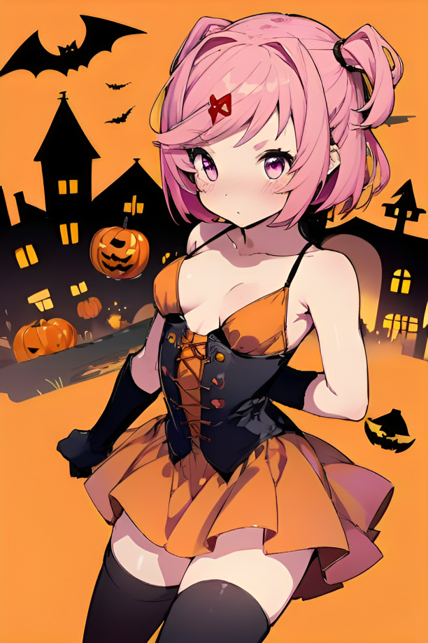 1girls ai_generated artist_request bats black_gloves black_thighhighs blush doki_doki_literature_club female female_only gloves halloween halloween_costume looking_back natsuki_(doki_doki_literature_club) orange_background orange_dress pink_eyes pink_hair pixai small_breasts solo thighhighs thin_female