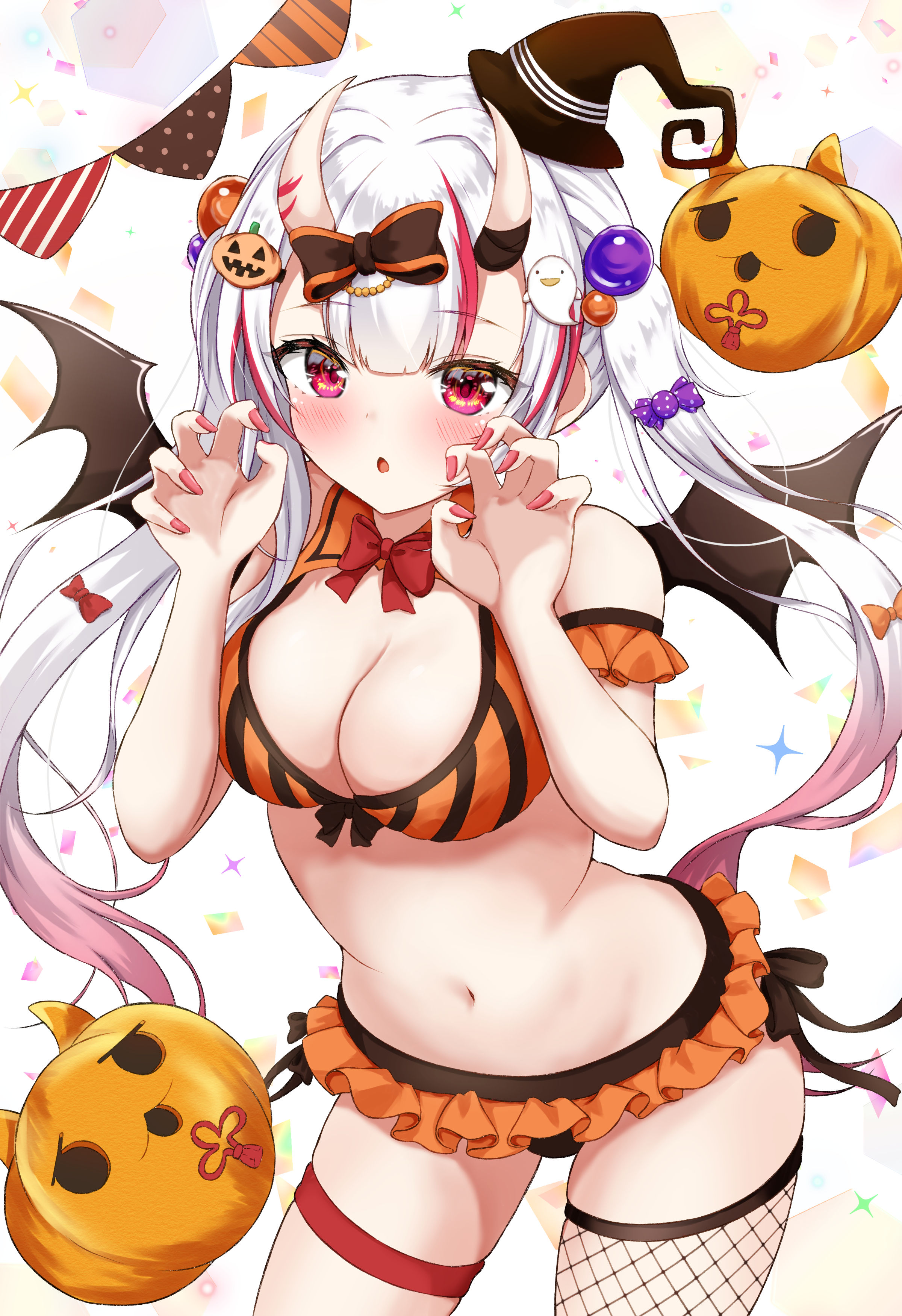 alternate breast size, artist request, asymmetrical legwear, bat wings, belly, blush, bowtie, breasts, cowboy shot, detached sleeves, female, fishnets, frilled sleeves, halloween, halloween costume, hololive, hololive gen 2, hololive japan, huge breasts, miniskirt, nakiri ayame, painted fingernails, painted nails, panties, paw pose, pumpkin, thick thighs, thigh strap, virtual youtuber, wide hips, witch hat