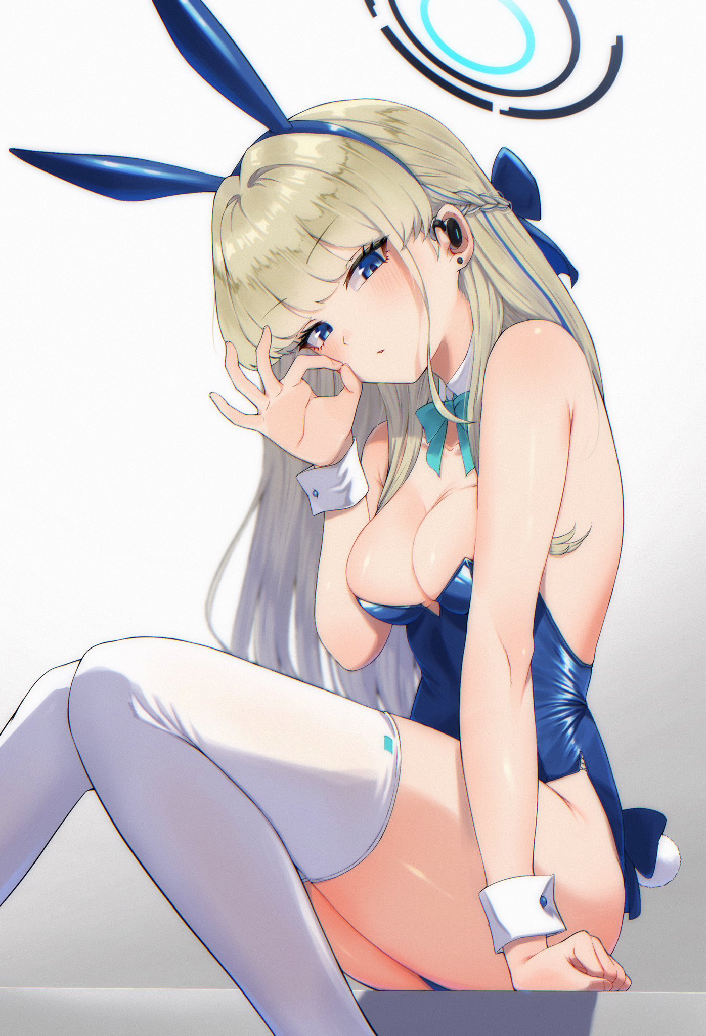 artist request, blonde hair, blue archive, blue eyes, breasts, bunny ears, bunny girl, bunnysuit, earpiece, fellatio gesture, female, female only, medium breasts, millennium science school student, ok sign, petite, shiny clothes, sitting, tagme, teenager, thighs, tight clothing, toki (blue archive), toki (bunny) (blue archive)