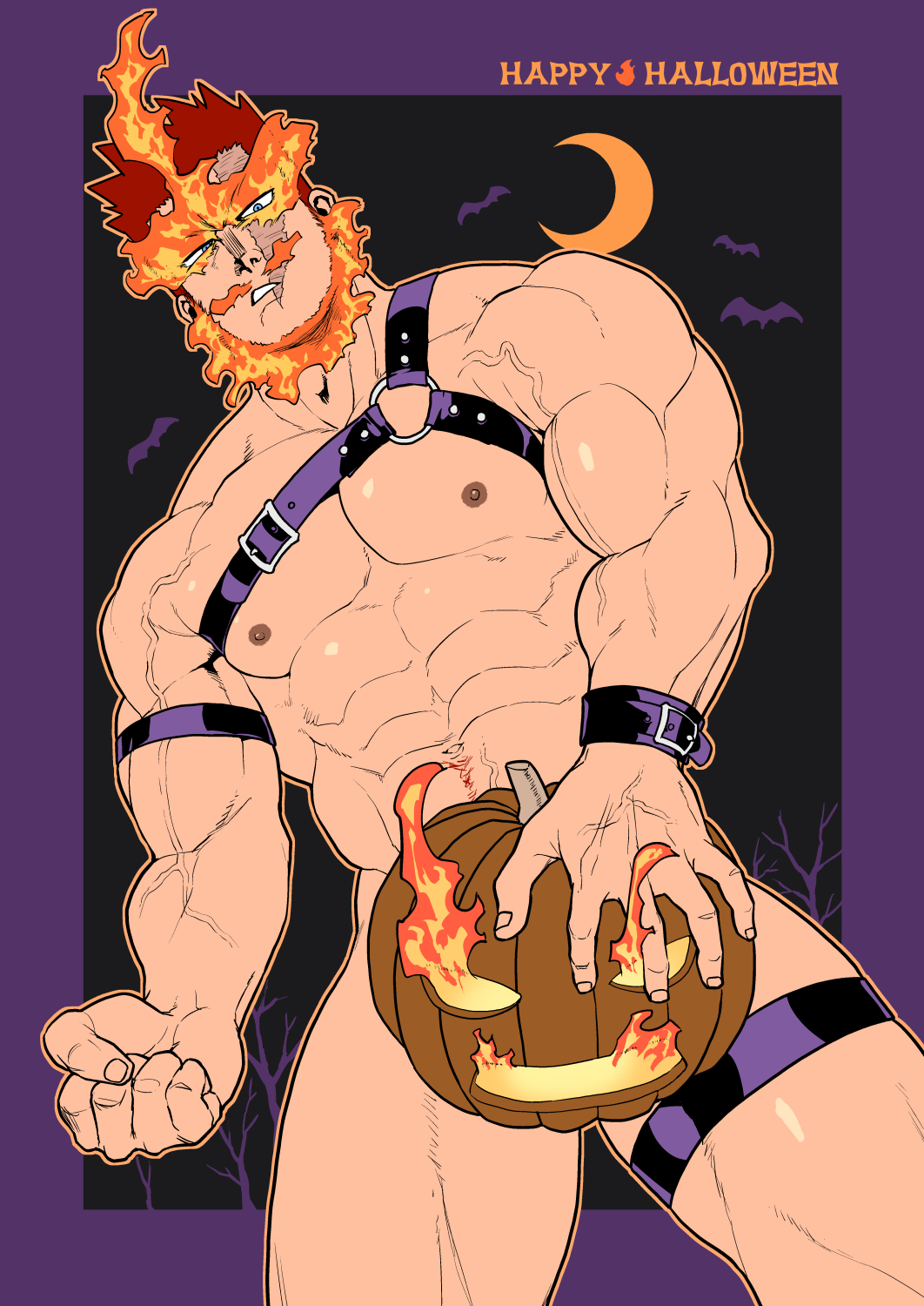 1boy 2023 bara bara_tits barazoku gay halloween hi_res highres holidays jack-o'-lantern jack_o'_lantern looking_at_viewer male male_focus male_nipples male_only manly muscular_male nipples nude pppppppppq pumpkin solo solo_male text yaoi