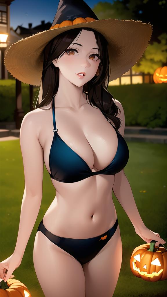 1girls ai_generated ai_mirror artist_request belly_button blue_bra blue_panties blue_underwear blush brown_eyes brown_hair building bush grass holding_pumpkin jack-o'-lantern lamppost long_hair looking_at_viewer medium_breasts pumpkin white_skin witch witch_hat