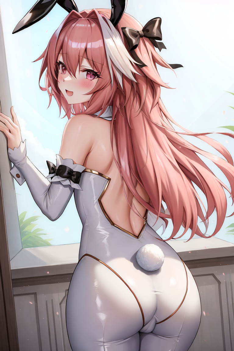 ai generated, ass view, astolfo (fate), astolfo (fate/apocrypha), bunnysuit, fate (series), femboy, male, pink eyes, pink hair, stable diffusion, unstable diffusion