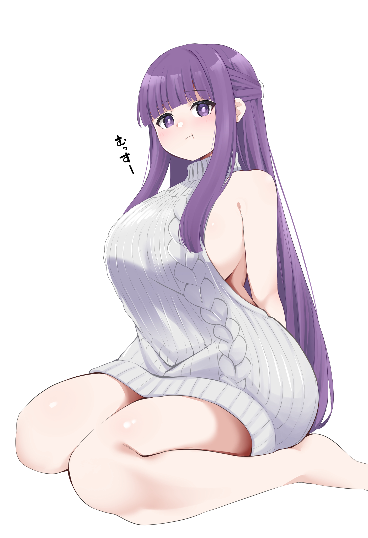 barefoot, blush, breasts, cute, female, fern (sousou no frieren), huge breasts, japanese text, pout, purple hair, sideboob, sitting, sleeveless sweater, sousou no frieren, text, wariza