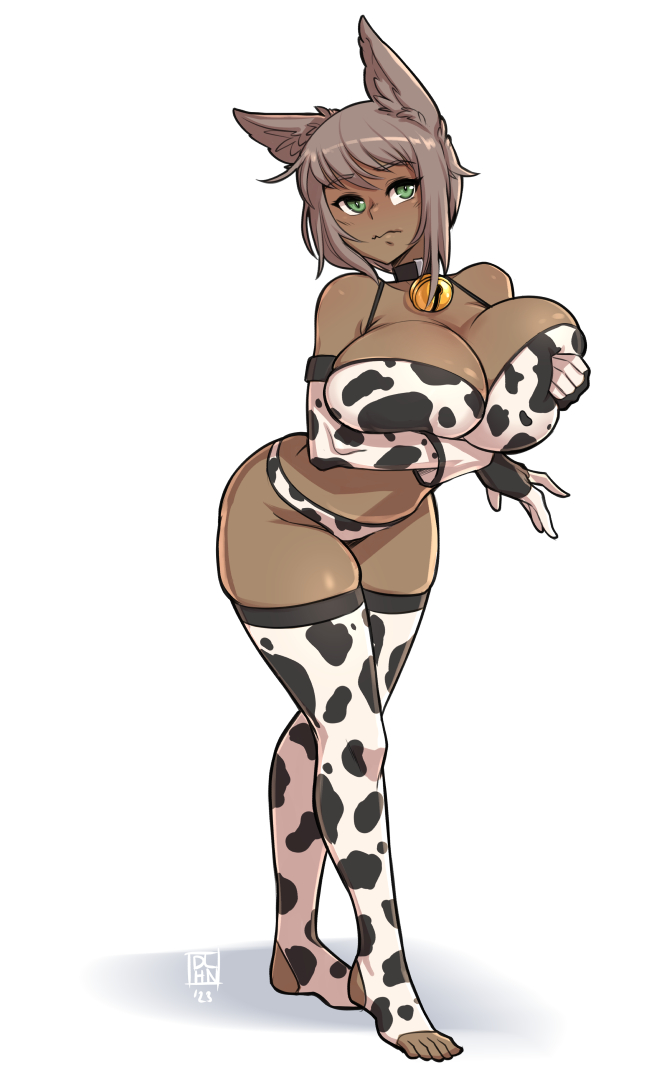 1girls animal_ears big_breasts blackriver brown_hair cow_print cow_print_armwear cow_print_legwear dalehan dark-skinned_female dark_skin female female_only green_eyes legwear looking_at_viewer neck_bell solo toeless_legwear white_background