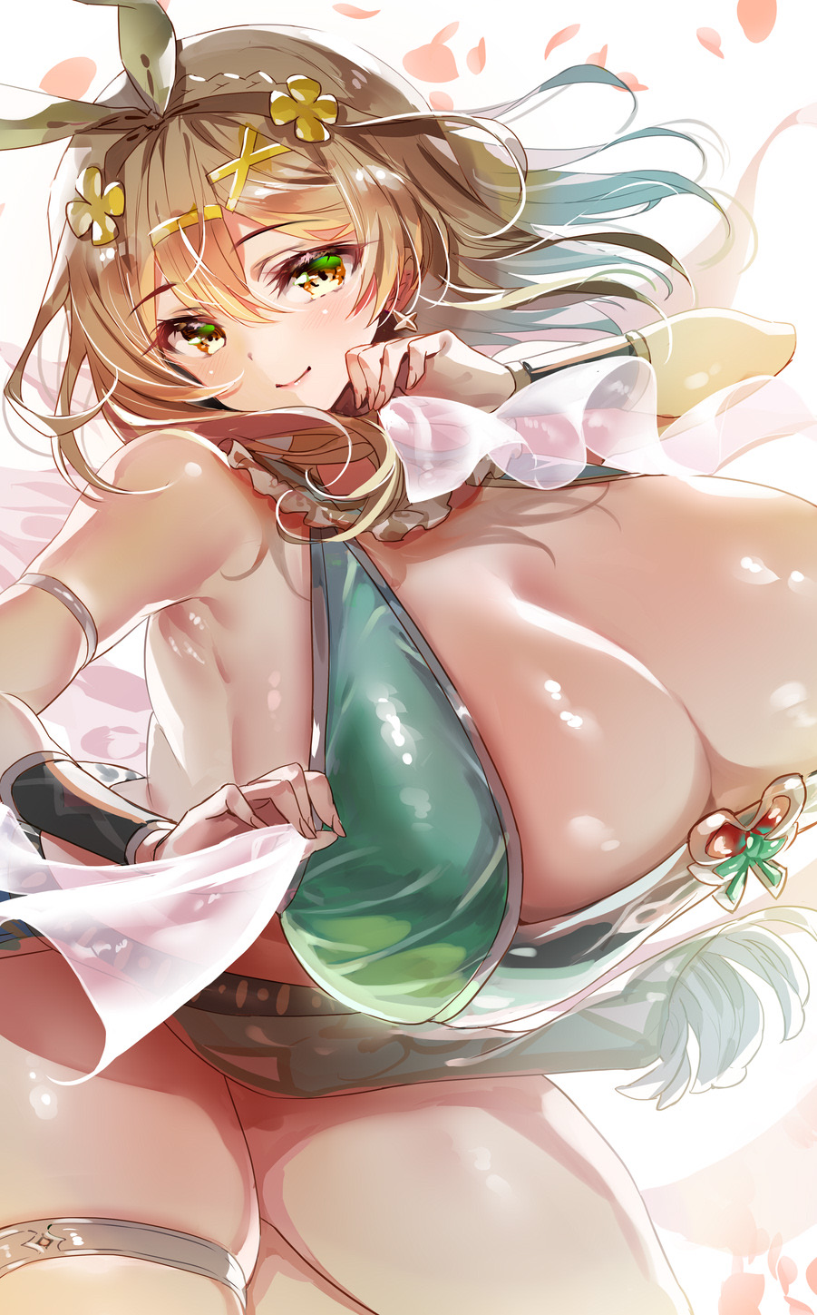 1girls accessory arm_strap armpits atelier_(series) atelier_ryza bangs blonde_hair bunny_ears_headband cleavage cleavage_cutout earrings eyebrows_visible_through_hair fabric female flower flower_petals frills gigantic_breasts hairband hairclip holding_object jewelry light-skinned_female light_skin long_hair looking_at_viewer manyuu_kaeru_tasuke_sansei reisalin_stout ribbon simple_background skindentation smile solo straight_hair thick_thighs thigh_strap white_background yellow_eyes