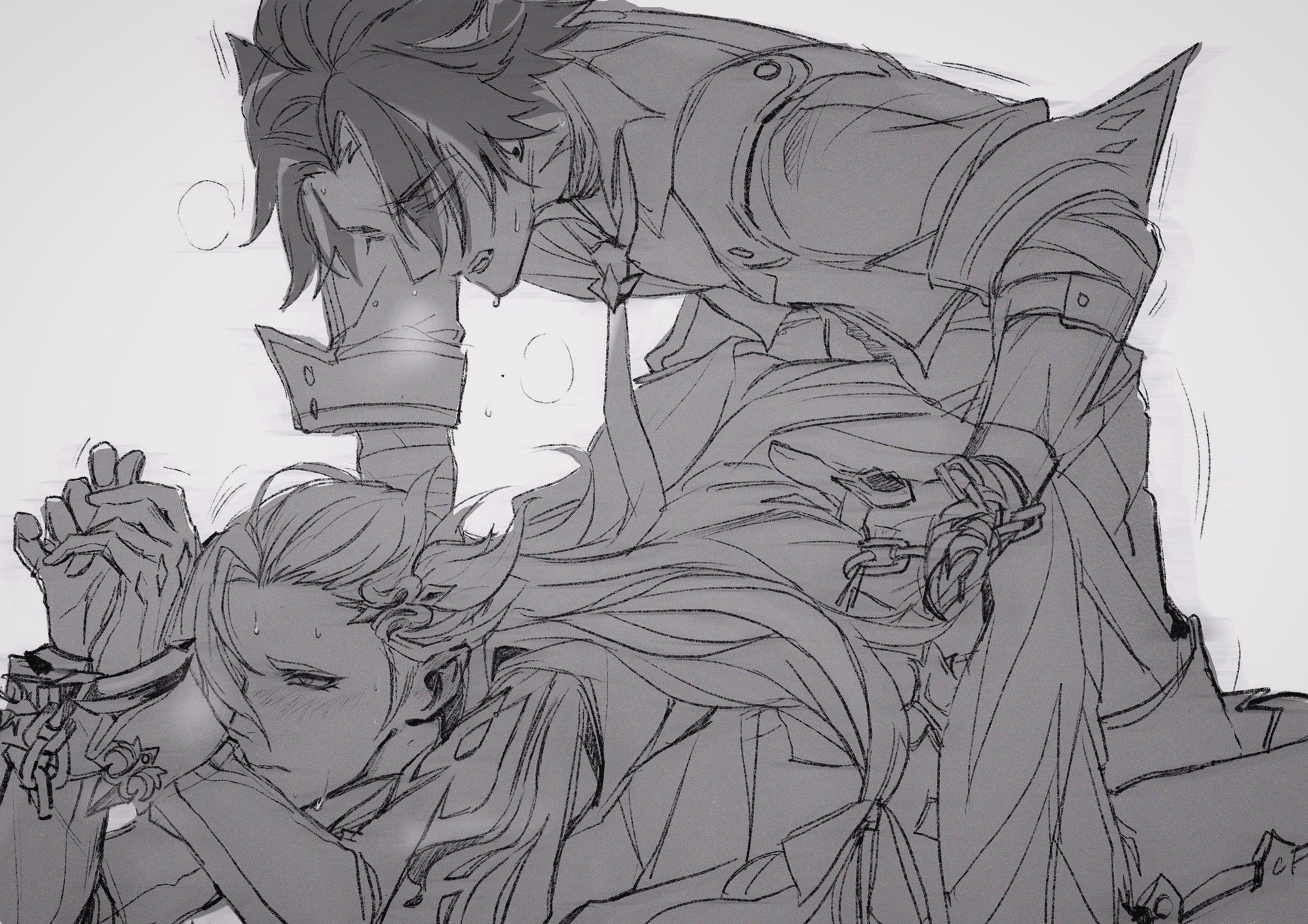 2boys, anal, anal penetration, animal ears, bent over, blank background, bondage, cuffed wrists, ear piercing, ear piercings, gay, genshin impact, hamtungss, handcuffs, heavy breathing, hoyoverse, long hair, male, male only, mihoyo, neuvillette (genshin impact), no visible genitalia, open shirt, pointy ears, sketch, sleeve cuffs, sweatdrop, sweating, tie, worried expression, wriothesley (genshin impact), yaoi