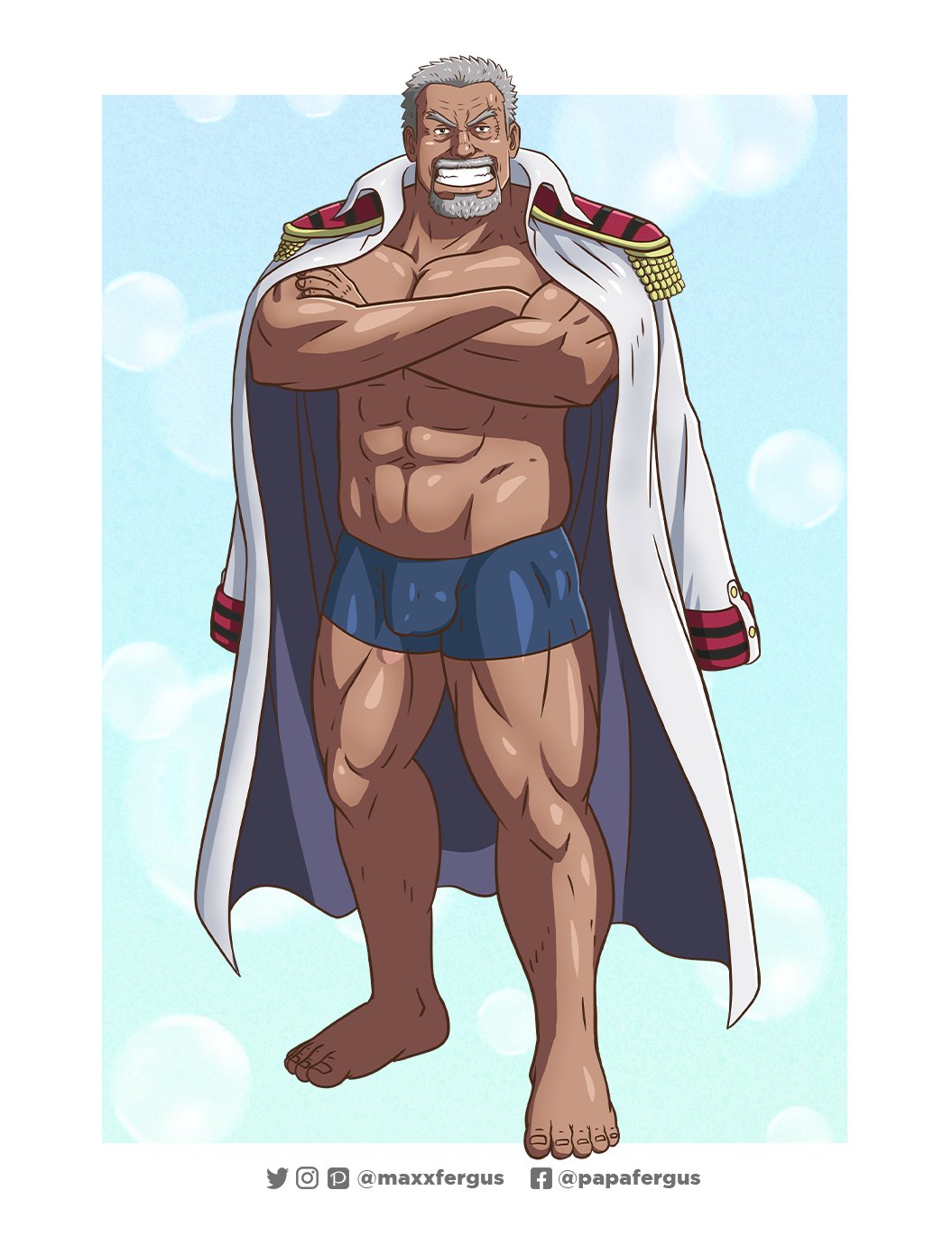 balls bara beard bulge crossed_arms facial_hair flaccid jacket jacket_on_shoulders male male_only maxxfergus monkey_d_garp muscles muscular one_piece open_jacket penis scar scar_on_face smiling solo solo_male