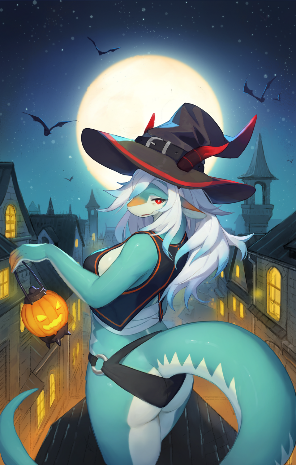 anthro breasts butt_pose clothed clothing costume dragon female female_anthro food fruit full_moon hair halloween hi_res holidays horn lcshian long_hair looking_at_viewer looking_back looking_back_at_viewer night night_sky outdoors plant pose pumpkin red_eyes smile solo tail white_hair wingless_dragon witch_hat