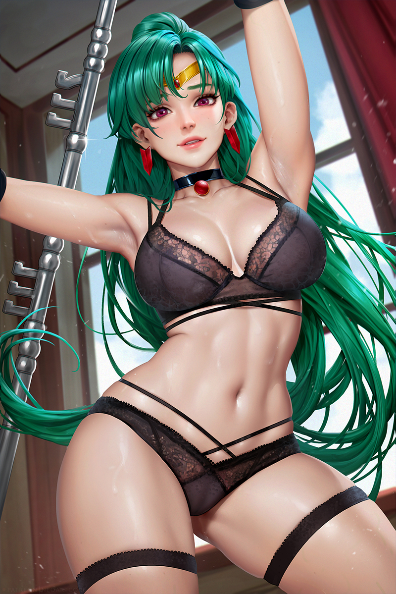 ai_generated bishoujo_senshi_sailor_moon bra choker ear_piercing female_only garter green_hair lingerie long_hair looking_at_viewer neoartcore panties red_eyes sailor_pluto setsuna_meiou small_breasts standing tagme