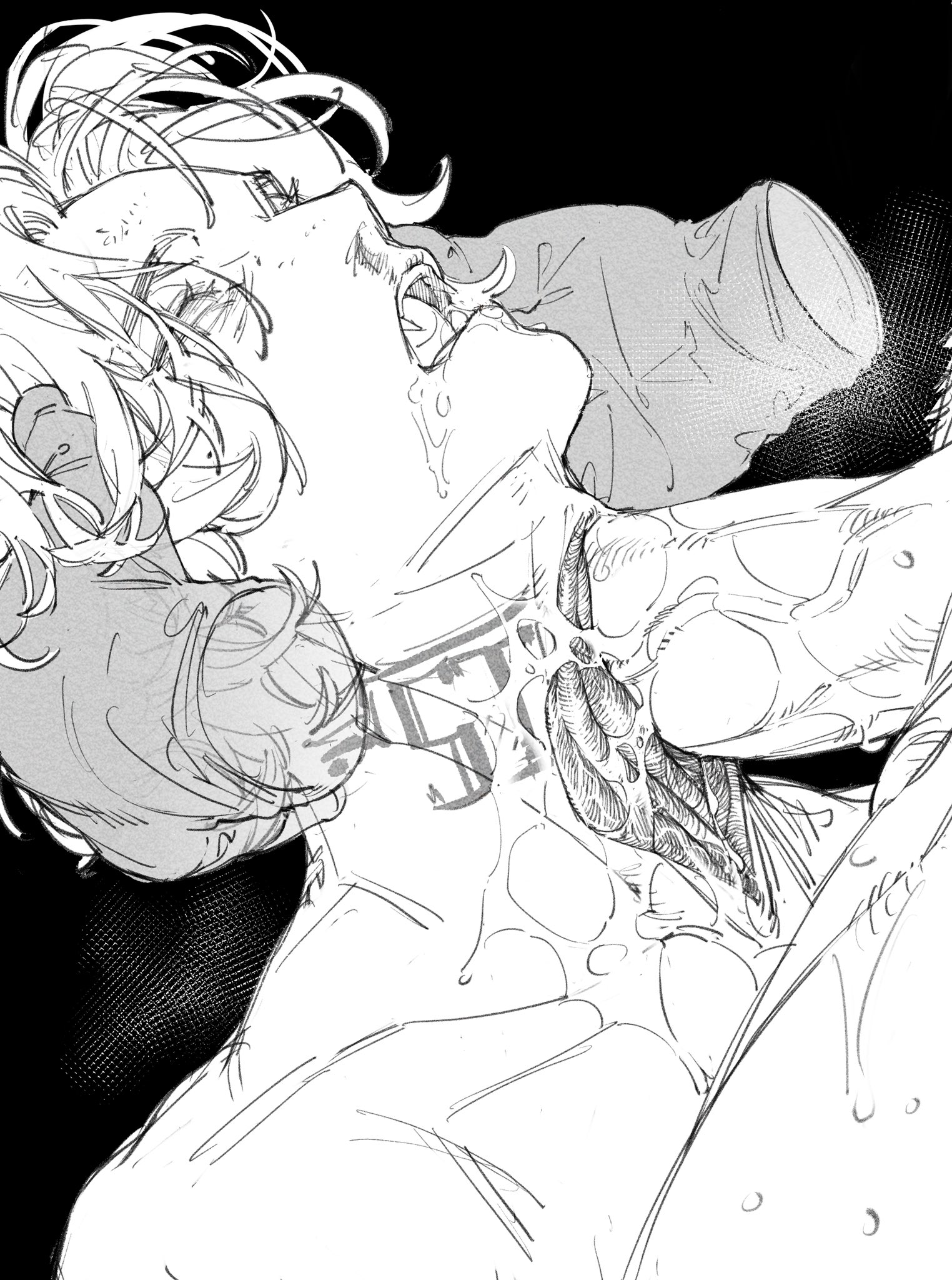 2boys, black and white, close-up, cum in throat, cum on body, cum out mouth, cuntboy, drooling, duo, empty eyes, erect penis, eyebrows visible through hair, eyes rolling back, fangs, gore, grabbing head, human, intersex, kaito (trangtora), large penis, looking up, male, male only, messy hair, open mouth, original, original character, original characters, penis, pussy, pussy positioned at throat, saliva, sharp teeth, slit throat, solo focus, sweat, tattoo, thick penis, throat bulge, trangtora, unusual anatomy, unusual anatomy placement, unusual genitalia placement, unusual pussy placement, veiny penis, yaoi