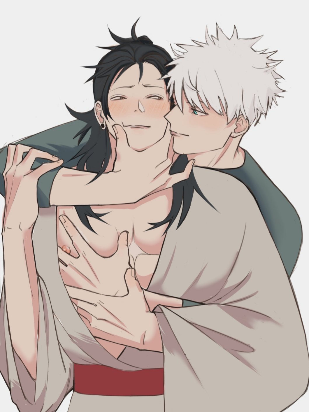 2boys, black hair, blue eyes, blush, color, domination, erection, gay, handles, jujutsu kaisen, kimono, kimono open, looking at partner, male, male/male, muscular, muscular male, pink eyes, rubber clothing, satoru gojo, submissive male, suguru geto, teacher, white hair, yaoi