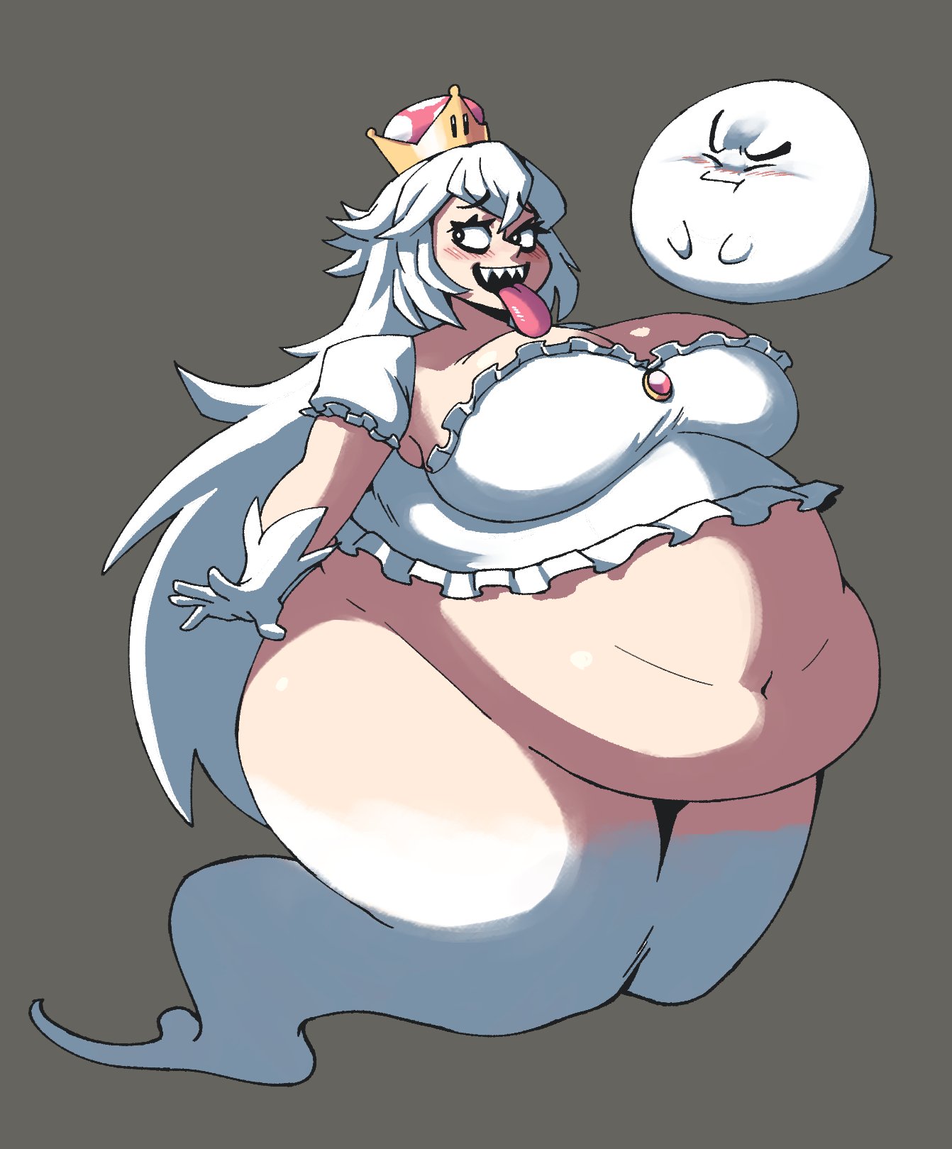 1girls, 2020, absurd res, bbw, belly, belly hang, belly overhang, boo (mario), boosette, breasts, chubby, chubby female, exposed belly, fat, female, female focus, ghost, ghost girl, gloves, hips, huge belly, huge breasts, long hair, luigi's mansion, mario (series), mralguienynadie, new super mario bros. u deluxe, nintendo, overweight, overweight female, plump, sharp teeth, super crown, tongue, tongue out, white hair, wide hips