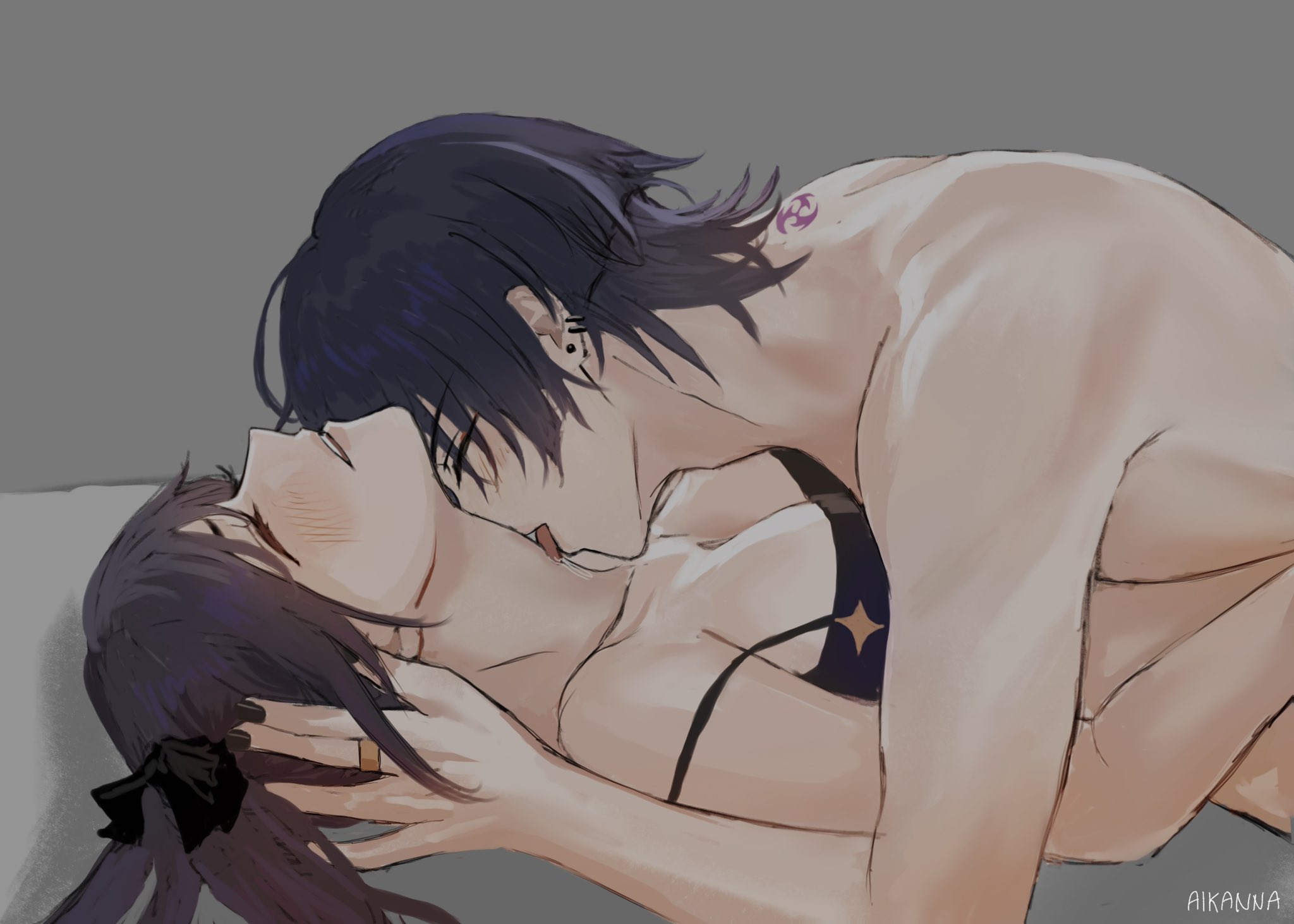 1boy, 1girls, aikanna04, blush, closed eyes, female, genshin impact, half naked, hand on hair, laying on back, licking, licking neck, male, mona (genshin impact), scaramouche (genshin impact), straight