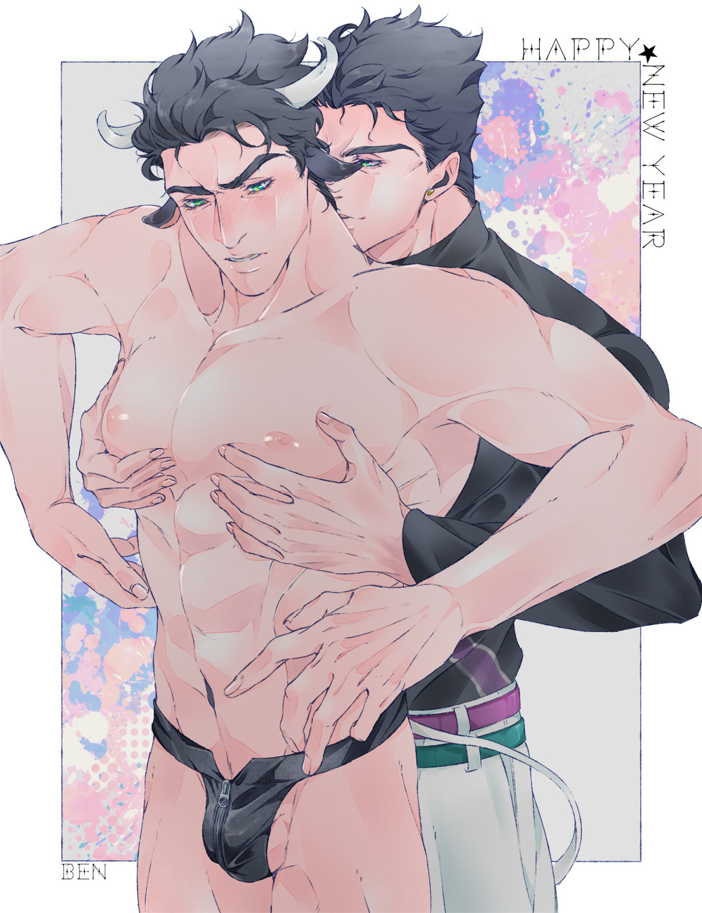 2boys black_hair diamond_is_unbreakable dilf gay jojo's_bizarre_adventure jotaro_kujo male male/male male_nipples male_only mostly_nude muscular_male no_hat pecs thong yaoi