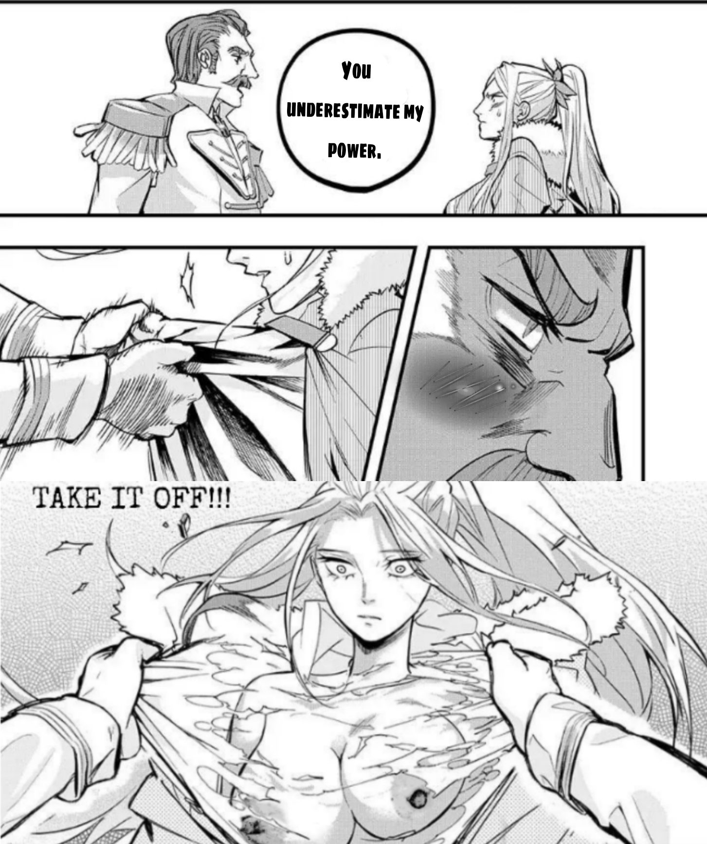 blonde hair, breasts, chloe morgan (hametsu no oukoku), female, hametsu no oukoku, humiliation, large breasts, manga, meme, nipples, the kindoms of ruin, torn clothes