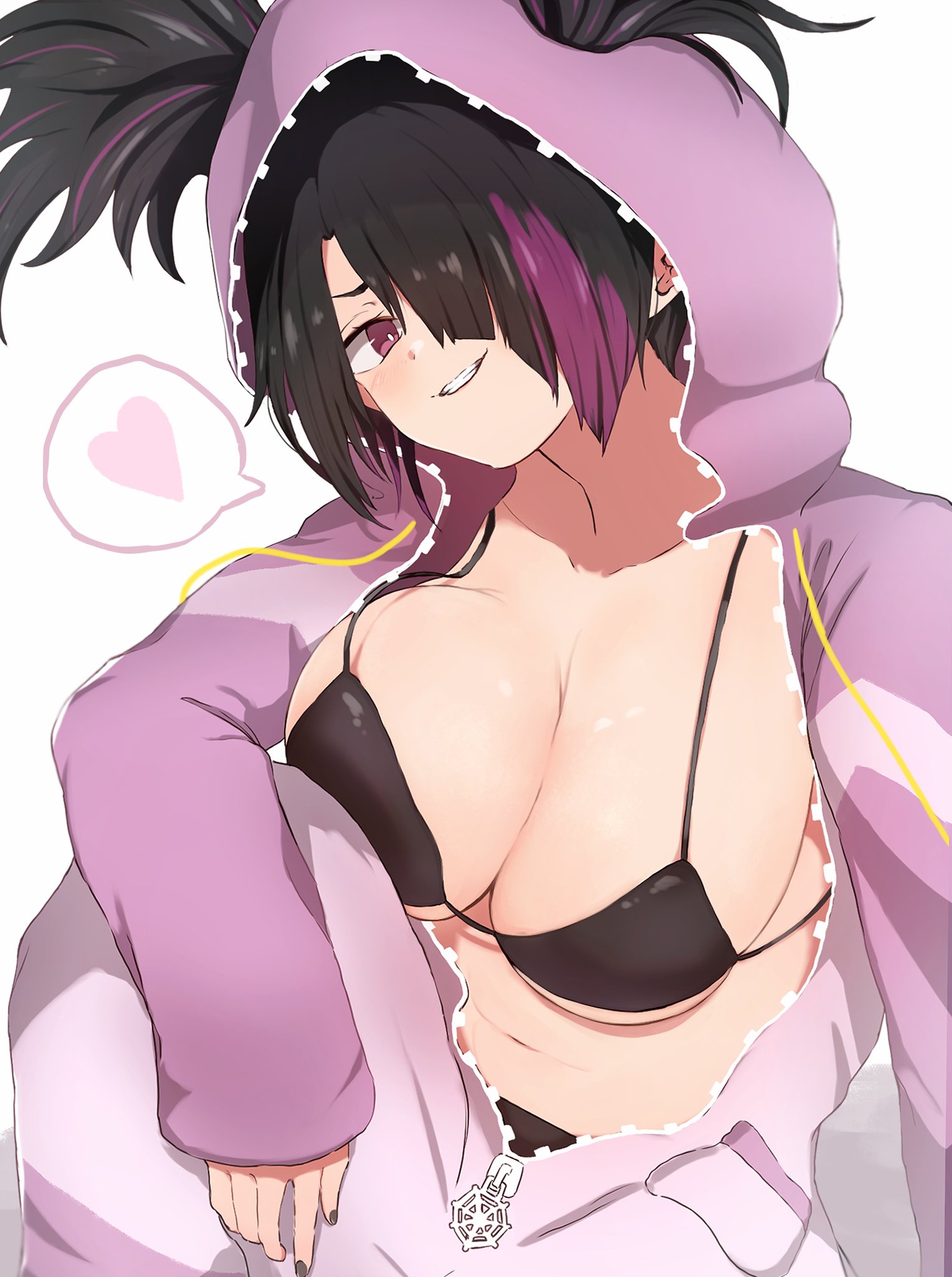 1girls, artist request, big breasts, bra, breasts, cleavage, female, heart, huge breasts, juri han, large breasts, looking at viewer, onesie, pajamas, smile, smirk, smirking, smirking at viewer, solo, street fighter, street fighter 6