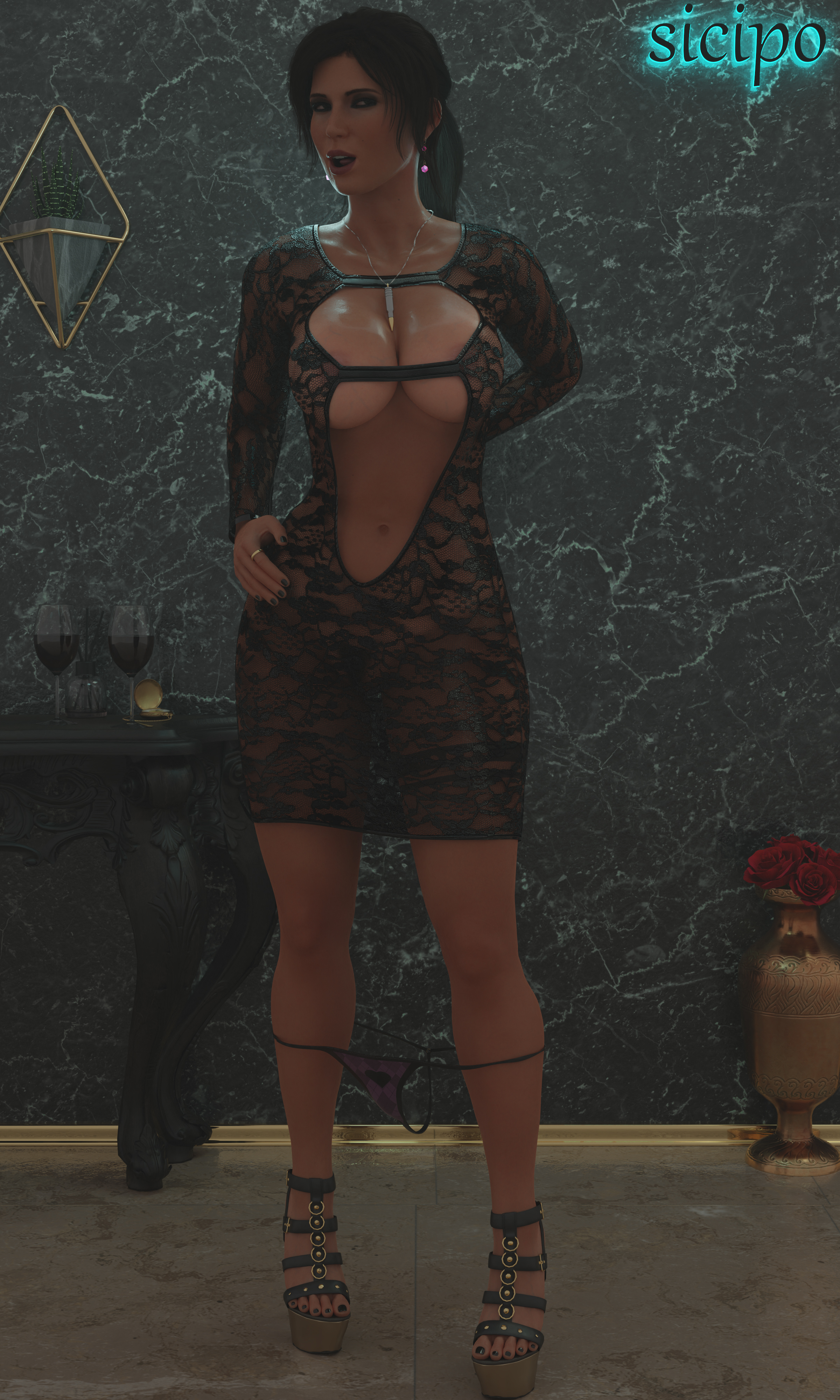 3d, big breasts, breasts, brown eyes, brown hair, busty, cleavage, deep cleavage, dress, earrings, eyeshadow, female, female focus, female only, full body, g-string, g-string aside, highres, hourglass figure, lara croft, lara croft (survivor), long hair, makeup, mascara, nail polish, navel, necklace, ponytail, ring, sicipo6908, skimpy, skimpy clothes, skimpy dress, toenail polish, tomb raider, tomb raider (survivor), underboob, wide hips