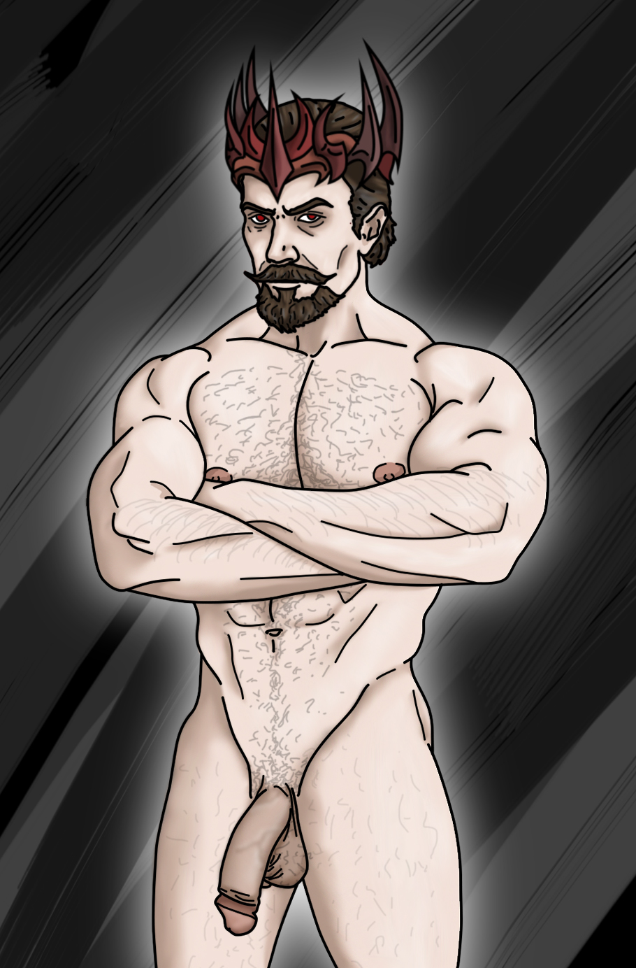 arms_crossed balls beard big_penis crown daddy daddy_kink dark_hair flaccid goatee hairy hairy_chest hairy_male male male_only middle_aged moustache muscular muscular_male naked pale-skinned_male pale_skin penis red_eyes testicles tired tired_eyes vampire vampire_male