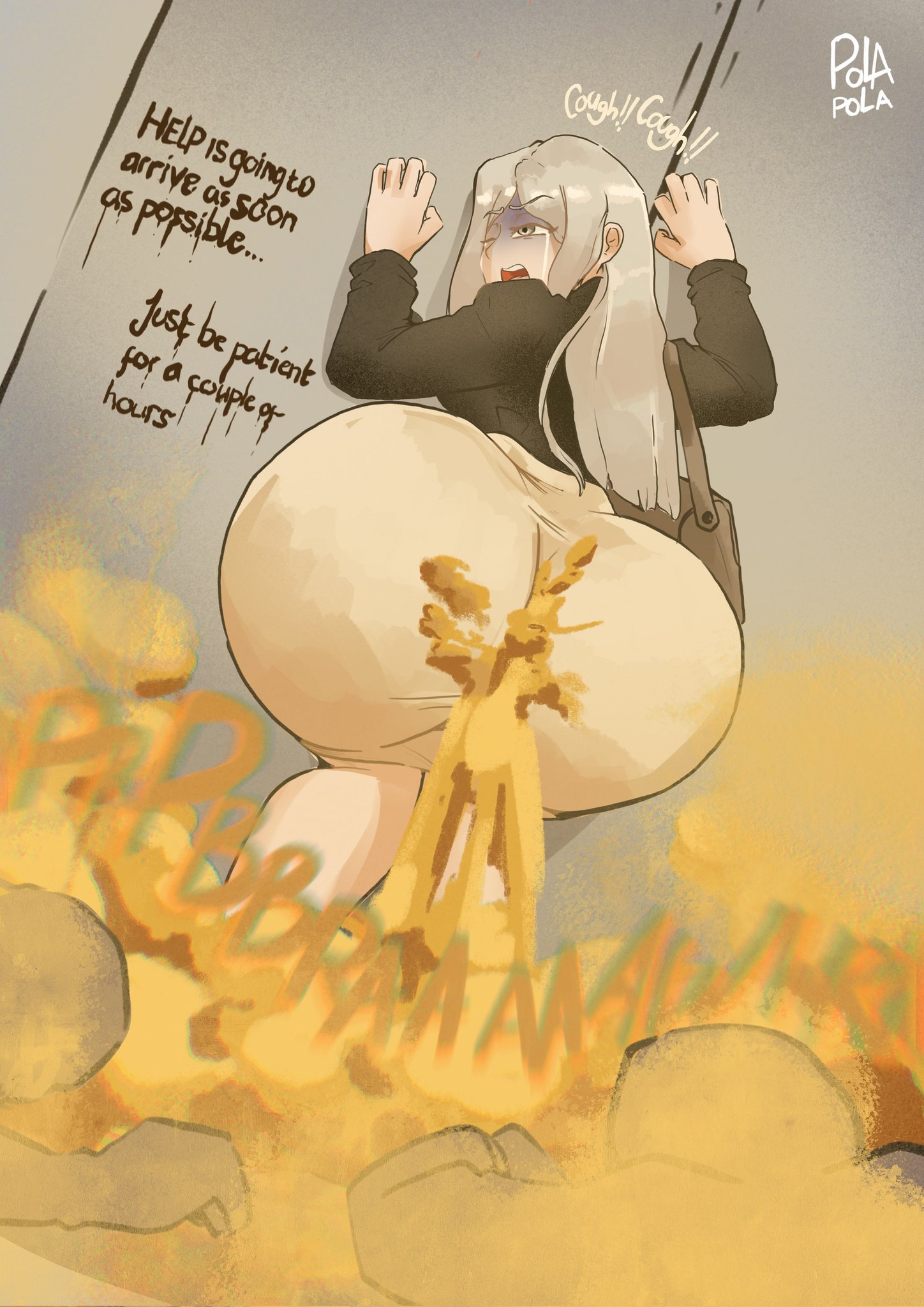 1girls, 2boys, ass, bag, big ass, clothing, dialogue, english text, fart, fart cloud, fart fetish, female, grey eyes, grey hair, long hair, male, open mouth, original, original character, polapolabianda, signature, text, white hair