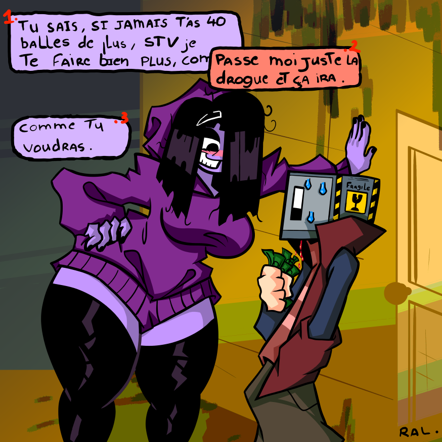 1boy1girl big_breasts big_dom_small_sub blush dialogue fingernails french_text friday_night_funkin intimidated klovis_(ral) larger_female looking_at_partner looking_down money nervous object_head oc original_character purple_body purple_hoodie rockmanaliaslorenzo size_difference smaller_male sweatdrop tagme text thick thick_legs thick_thighs thigh_highs thighhighs thighs