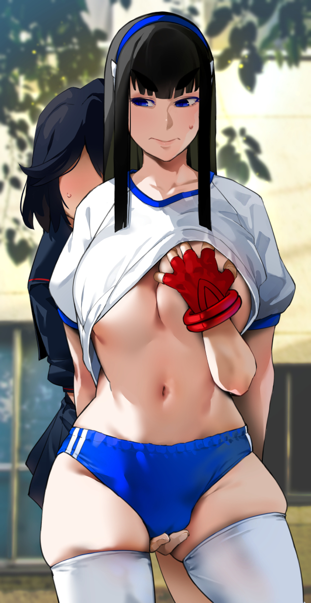 2girls bakkanki big_breasts black_hair bloomers blue_eyes breasts buruma female female_only grope grope_from_behind groping groping_breast groping_breasts groping_from_behind gym_uniform human incest kill_la_kill kiryuuin_satsuki long_hair matoi_ryuuko multiple_girls satoriwappa siblings sisters yuri