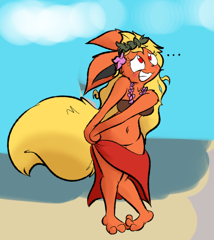 anthro beach blush coconut_bra eeveelution female flareon furry loincloth pokémon_(species) pokemon pokemon_(species) robbleu tagme tribal wardrobe_malfunction