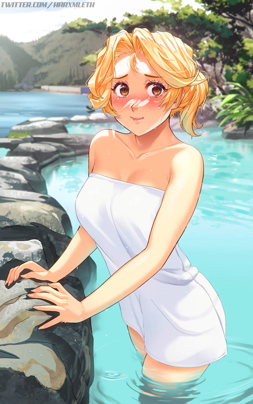 1girls blonde_female blonde_hair blonde_hair_female blush blushing_at_viewer blushing_profusely brown_eyes female female_only hot_spring light-skinned_female looking_at_viewer mathias_leth nature_background outdoors sky smile smiling smiling_at_viewer solo solo_female stina stina_(mathias_leth) towel towel_only tree wading water