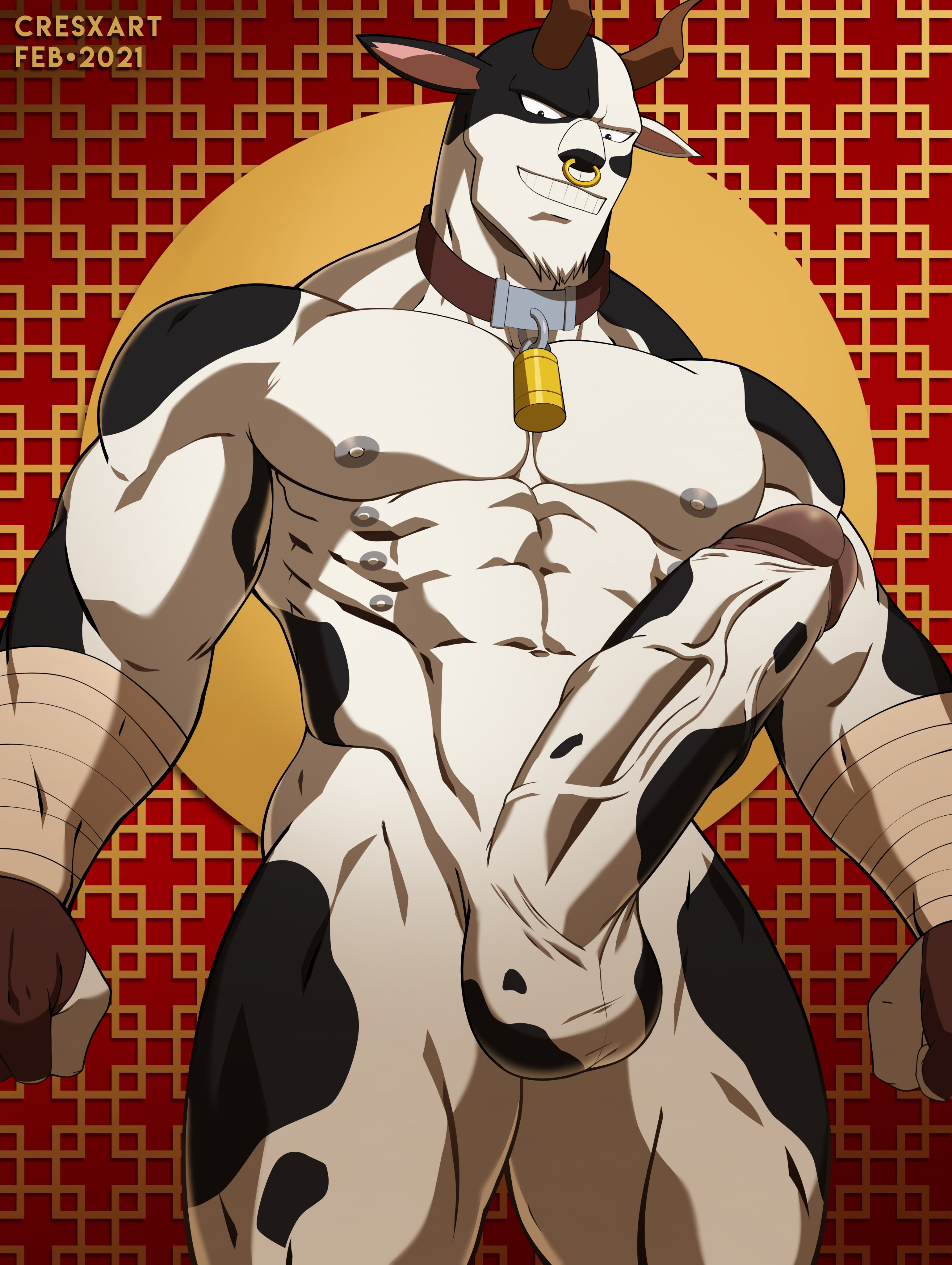 1boy, abs, anthro, balls, bara, big penis, boner, bovine, bull, cresxart, erection, fairy tail, furry, horns, male, male focus, male only, multi nipple, muscles, muscular, muscular male, nipples, nose ring, nude, penis, solo, solo focus, solo male, taurus (fairy tail), white fur, yaoi