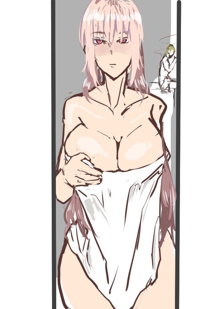 1boy, 1girls, 2d, after sex, big breasts, breasts, cigarette, cuckold, emotionless, expressionless, fate (series), fate/grand order, female, first person view, florence nightingale (fate), looking at viewer, male, male/female, naked, naked female, netorare, nude, nude female, pov, saber ntrok (artist), simple background, smoking, towel, towel only, type-moon